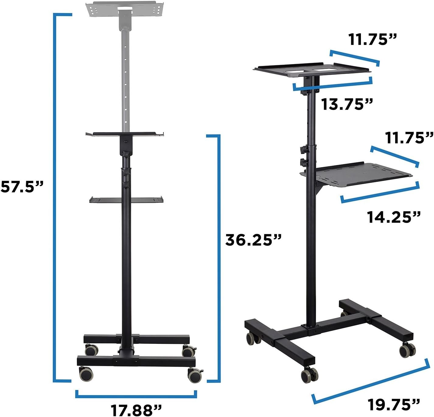 image:imageMountIt Mobile Projector and Laptop Stand 2 Shelves Rolling Cart with Ventilated Tray Heavy Duty Height Adjustable Laptop and Projector Presentation Trolley Black