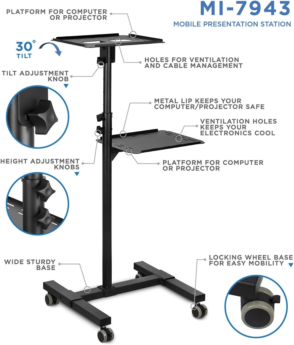 image:imageMountIt Mobile Projector and Laptop Stand 2 Shelves Rolling Cart with Ventilated Tray Heavy Duty Height Adjustable Laptop and Projector Presentation Trolley Black