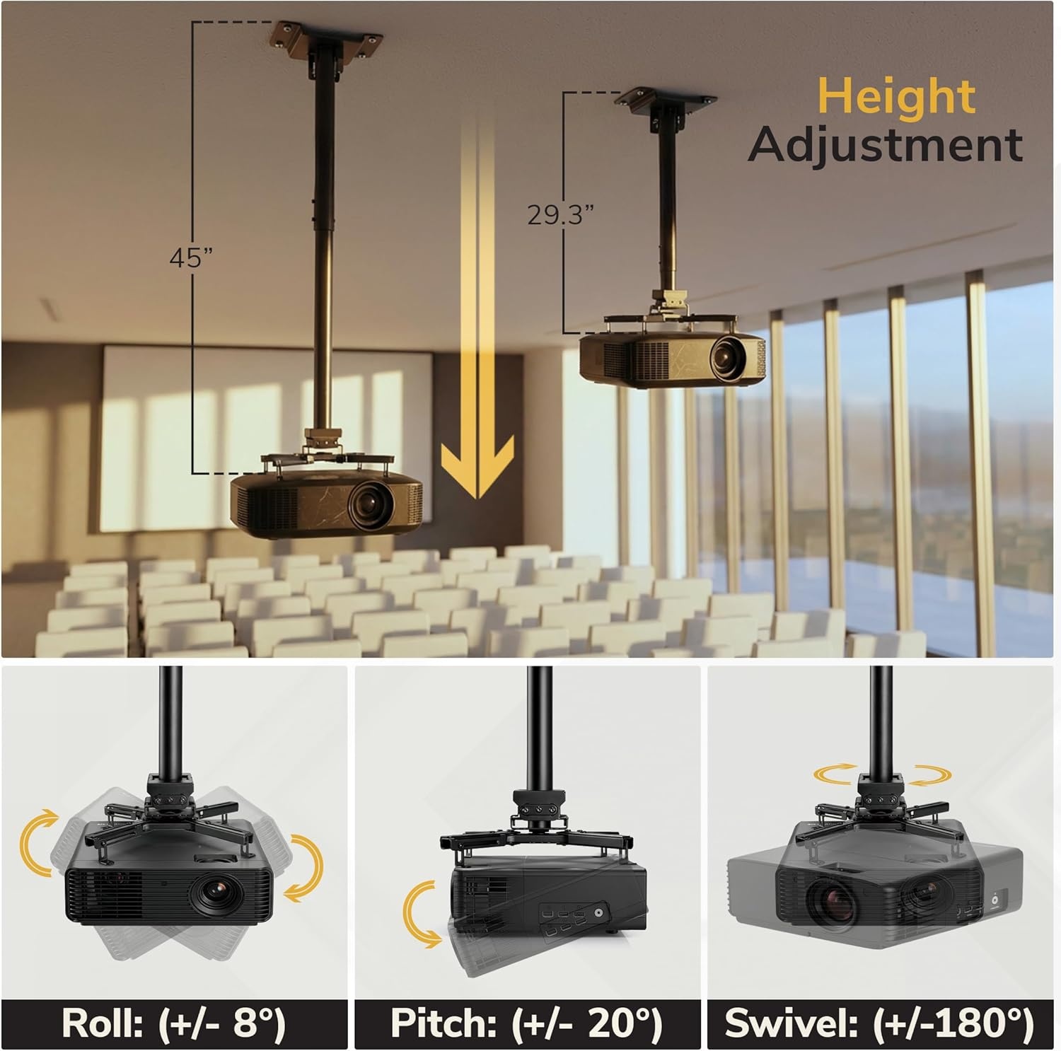 image:imageMountIt PRO Heavy Duty Projector Ceiling Mount Commercial Grade 77 lb Capacity 293451 in Extension Full Motion Universal Ceiling Projector BracketLong