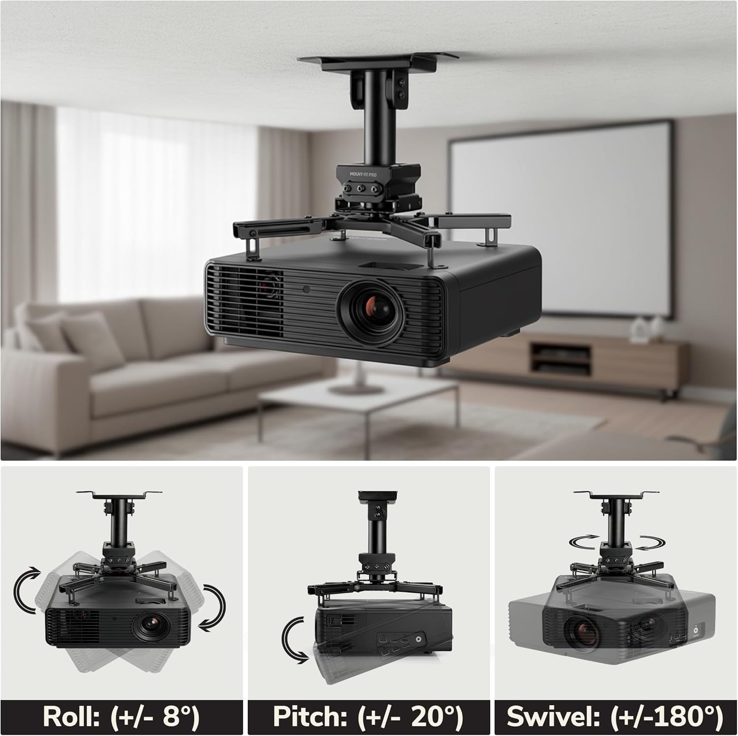 image:imageMountIt PRO Heavy Duty Projector Ceiling Mount Commercial Grade 77 lb Capacity 293451 in Extension Full Motion Universal Ceiling Projector BracketShort