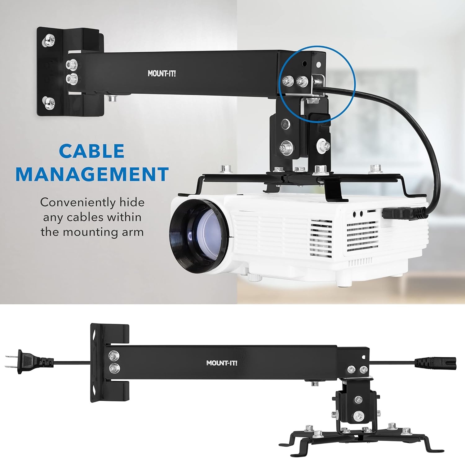 image:imageMountIt Projector Ceiling Mount and Wall Mount with Adjustable Arm Universal Projector Mount for LCDDLP Projectors Flush Mount Option Builtin Cable Management 40lb Capacity BlackBlack