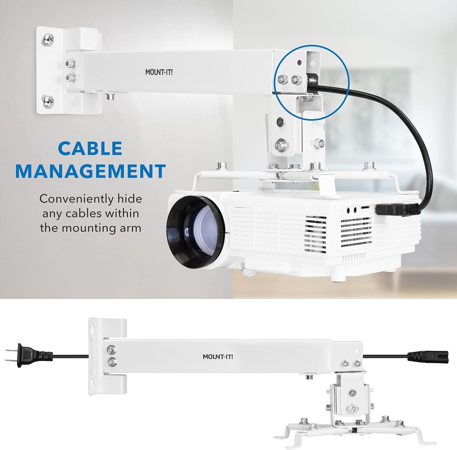 image:imageMountIt Projector Ceiling Mount and Wall Mount with Adjustable Arm Universal Projector Mount for LCDDLP Projectors Flush Mount Option Builtin Cable Management 40lb Capacity BlackWhite