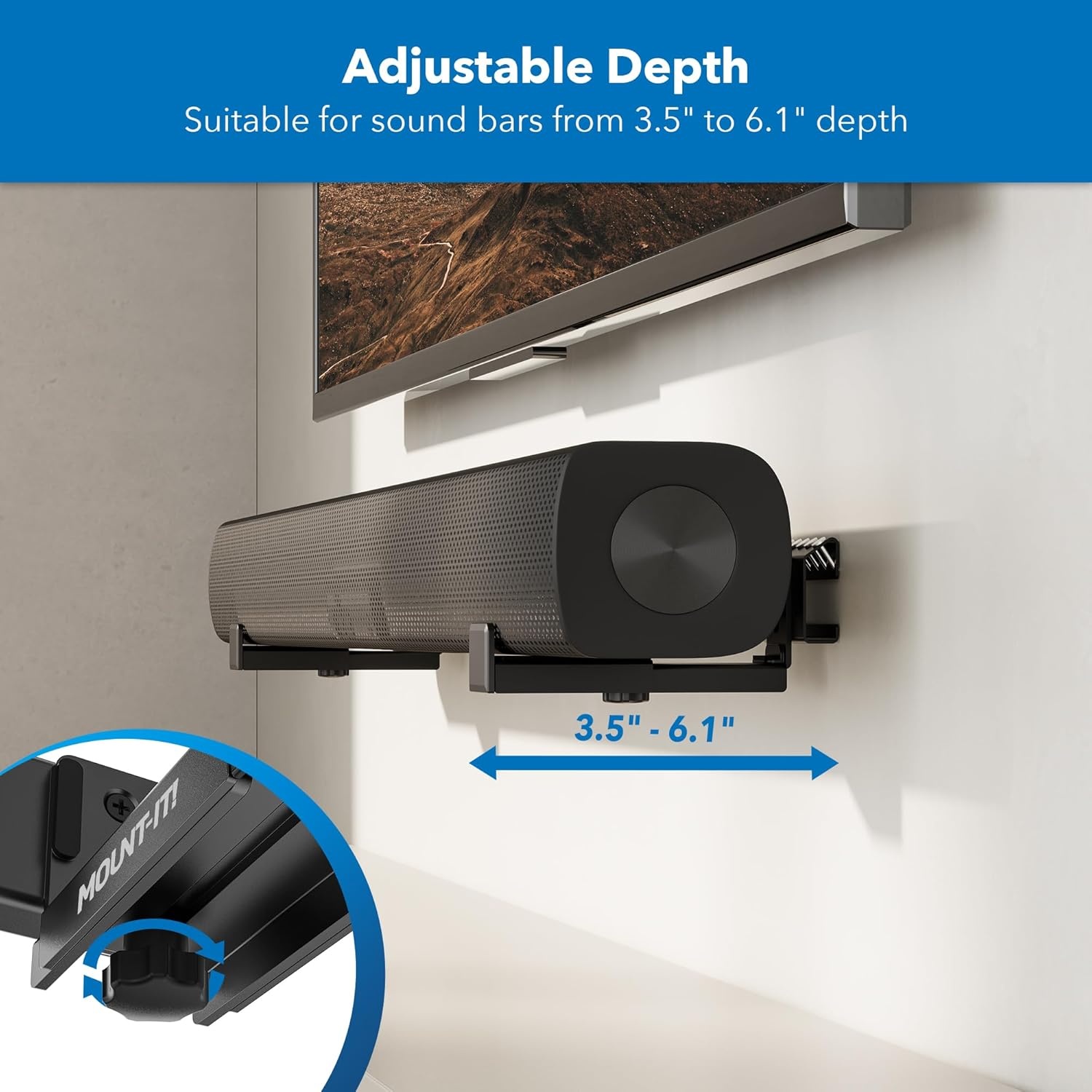 image:imageMountIt Soundbar Mount No Stud Sound Bar Wall Mount Under TV or Above TV Depth Adjustable 35 to 61 Holds up to 132 lbs Alloy Steel Drywall Soundbar Bracket Easy Install Black