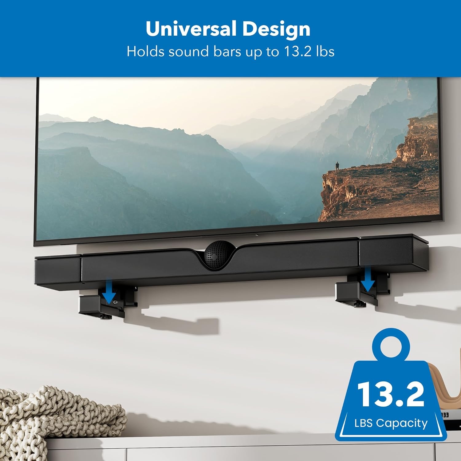 image:imageMountIt Soundbar Mount No Stud Sound Bar Wall Mount Under TV or Above TV Depth Adjustable 35 to 61 Holds up to 132 lbs Alloy Steel Drywall Soundbar Bracket Easy Install Black