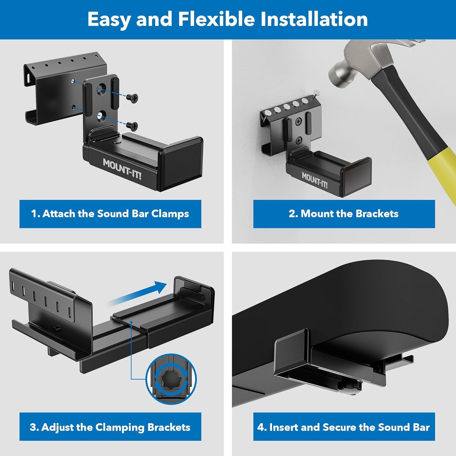 image:imageMountIt Soundbar Mount No Stud Sound Bar Wall Mount Under TV or Above TV Depth Adjustable 35 to 61 Holds up to 132 lbs Alloy Steel Drywall Soundbar Bracket Easy Install Black