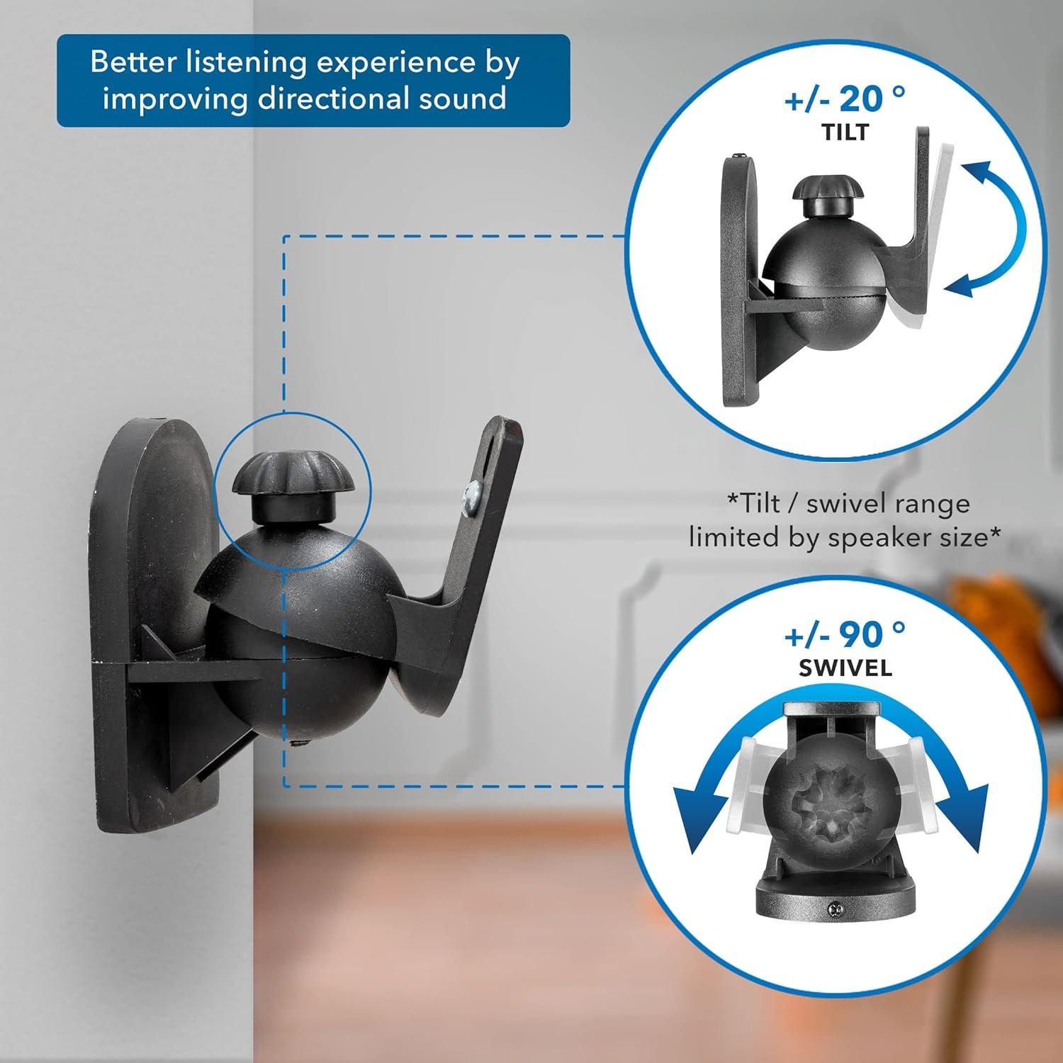 image:imageMountIt Speaker Wall Mount Full Motion Brackets for Surround Sound Satellite Ceiling and Bookshelf Speakers 2 Mounts Black