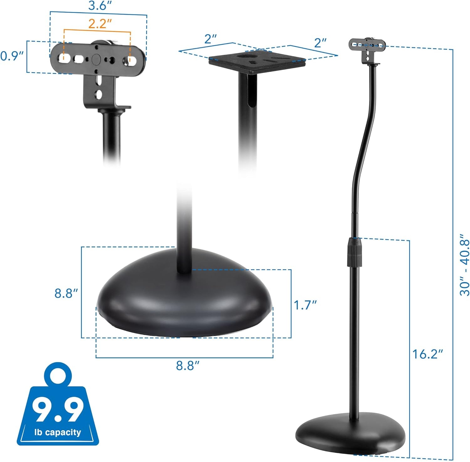 image:imageMountIt Universal Speaker Stands Adjustable Height 30 to 408 Inches Surround Sound Speaker Stands for Satellite and Bookshelf Speakers HeavyDuty Construction Supports 10 lbs Each 1 Pair