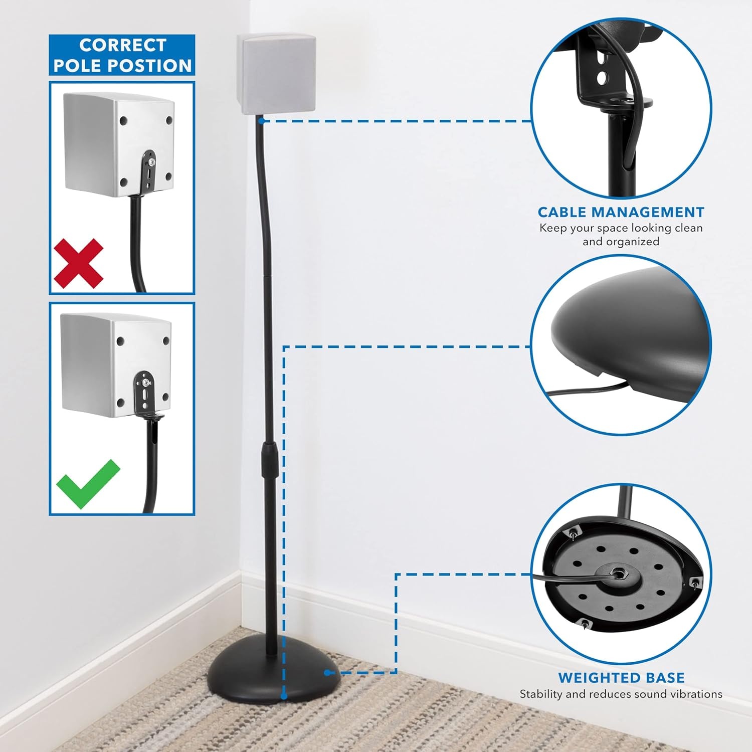 image:imageMountIt Universal Speaker Stands Adjustable Height 30 to 408 Inches Surround Sound Speaker Stands for Satellite and Bookshelf Speakers HeavyDuty Construction Supports 10 lbs Each 1 Pair