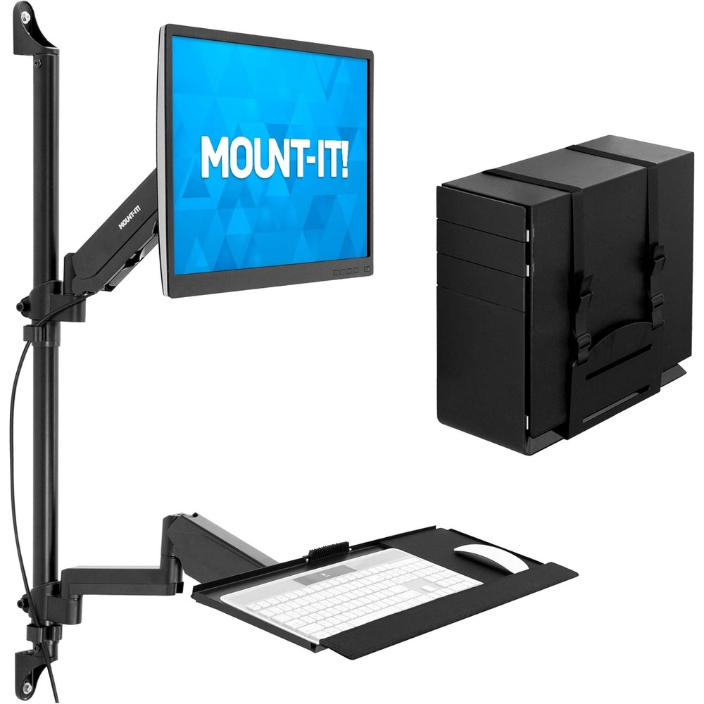 image:imageMountIt Dual Monitor Arm Wall Mount Workstation with Keyboard Tray amp CPU Holder Height Adjustable Gas Spring Full Motion Computer Station Fits 1732 VESA 75x75 100x100 BlackSingle Monitor