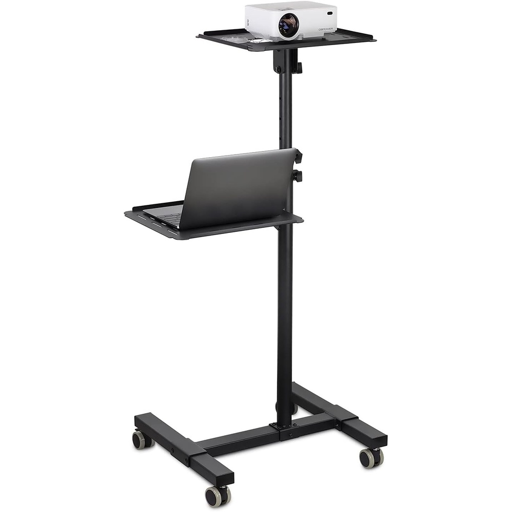 image:imageMountIt Mobile Projector and Laptop Stand 2 Shelves Rolling Cart with Ventilated Tray Heavy Duty Height Adjustable Laptop and Projector Presentation Trolley Black