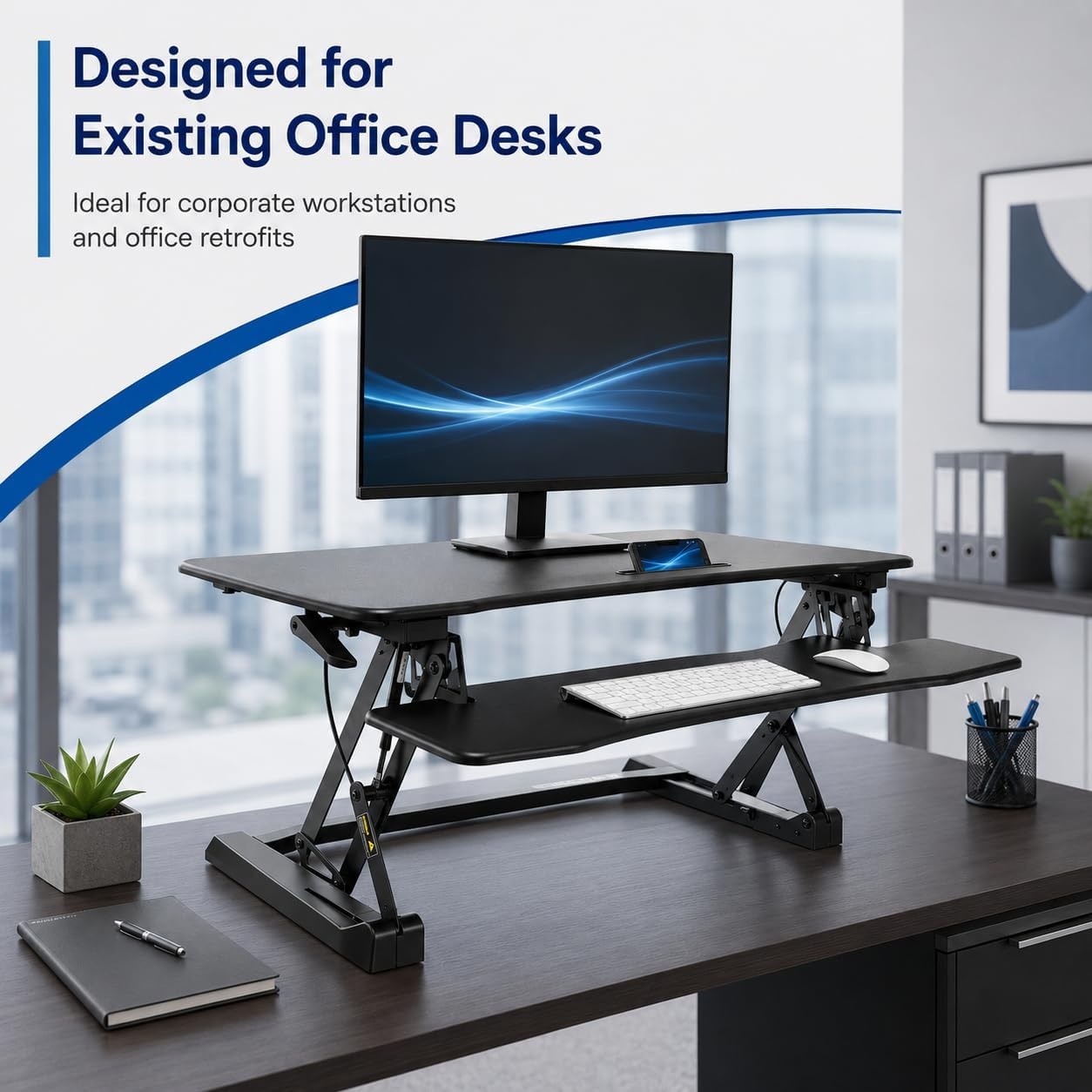 image:imageMountIt 355 Standing Desk Converter with Keyboard Tray Adjustable Sit Stand Desk Riser for Dual Monitors Dual Gas Spring Height Adjustable Desktop Workstation Topper Black