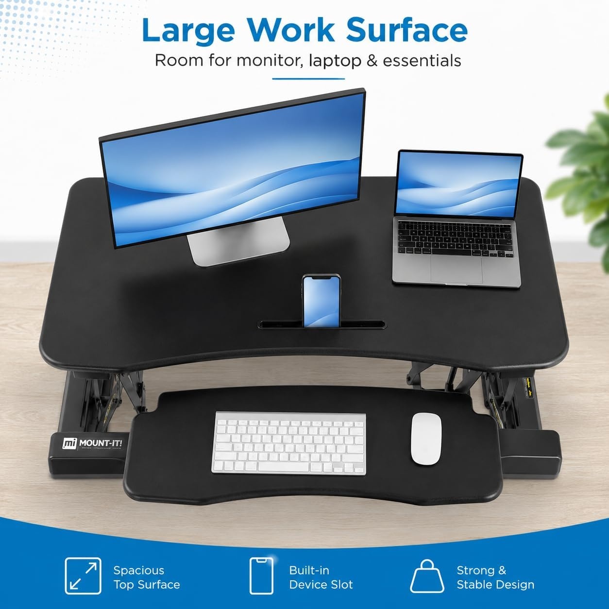 image:imageMountIt 355 Standing Desk Converter with Keyboard Tray Adjustable Sit Stand Desk Riser for Dual Monitors Dual Gas Spring Height Adjustable Desktop Workstation Topper Black