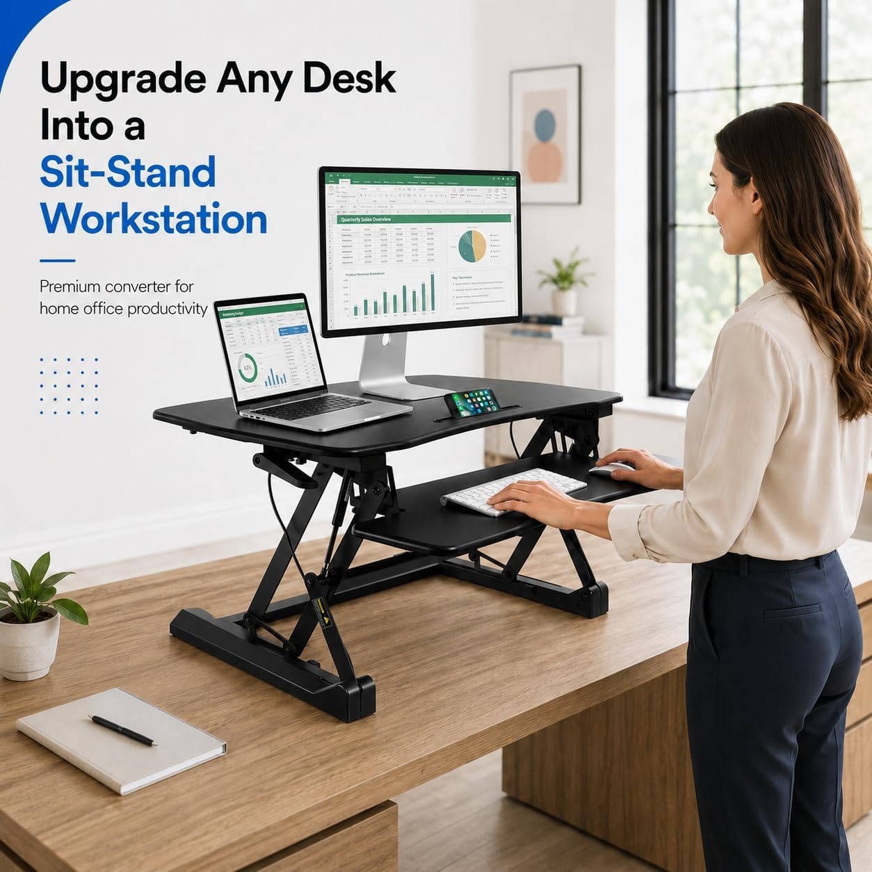 image:imageMountIt 355 Standing Desk Converter with Keyboard Tray Adjustable Sit Stand Desk Riser for Dual Monitors Dual Gas Spring Height Adjustable Desktop Workstation Topper Black