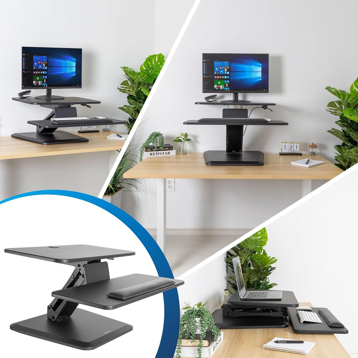 image:imageMountIt Compact Standing Desk Riser Height Adjustable Desktop Sit Stand Workstation with Gas Spring Tabletop Stand Up Desk with Keyboard Tray Black