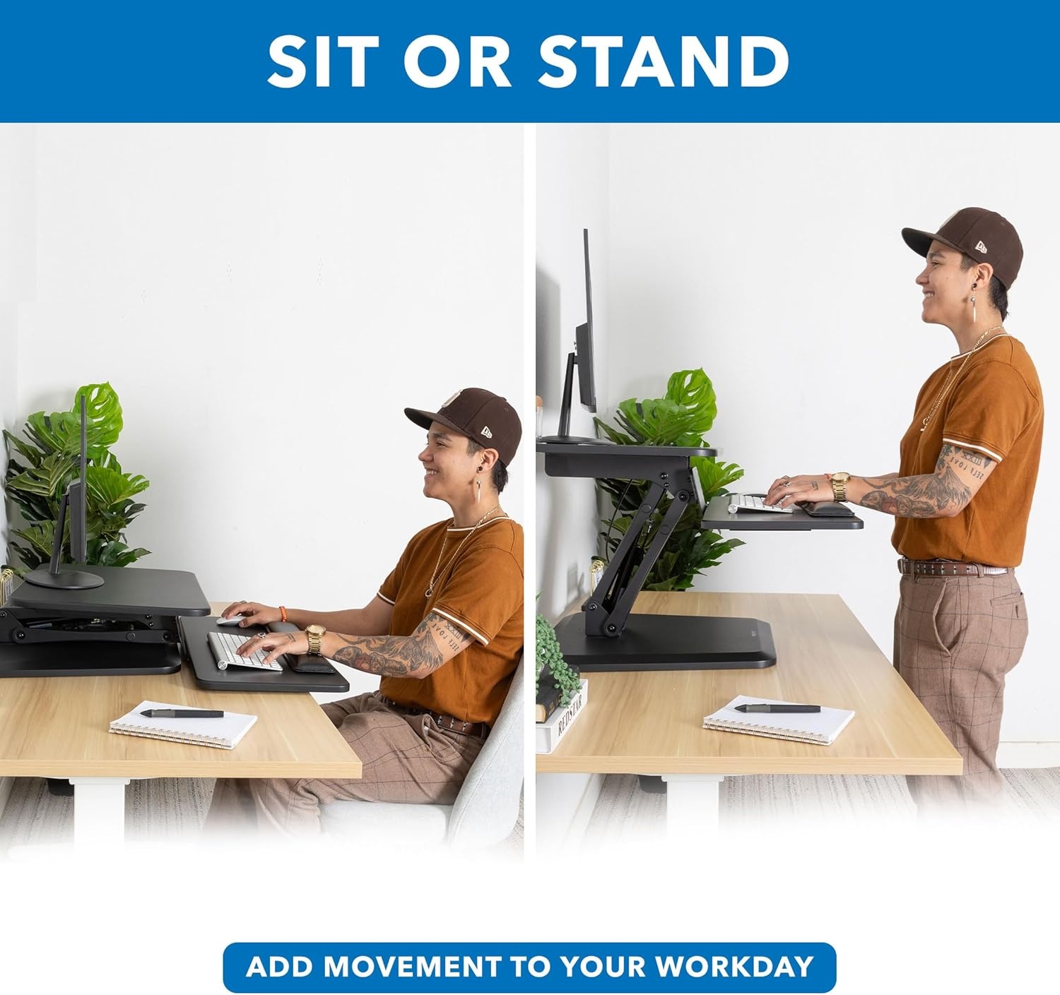 image:imageMountIt Compact Standing Desk Riser Height Adjustable Desktop Sit Stand Workstation with Gas Spring Tabletop Stand Up Desk with Keyboard Tray Black