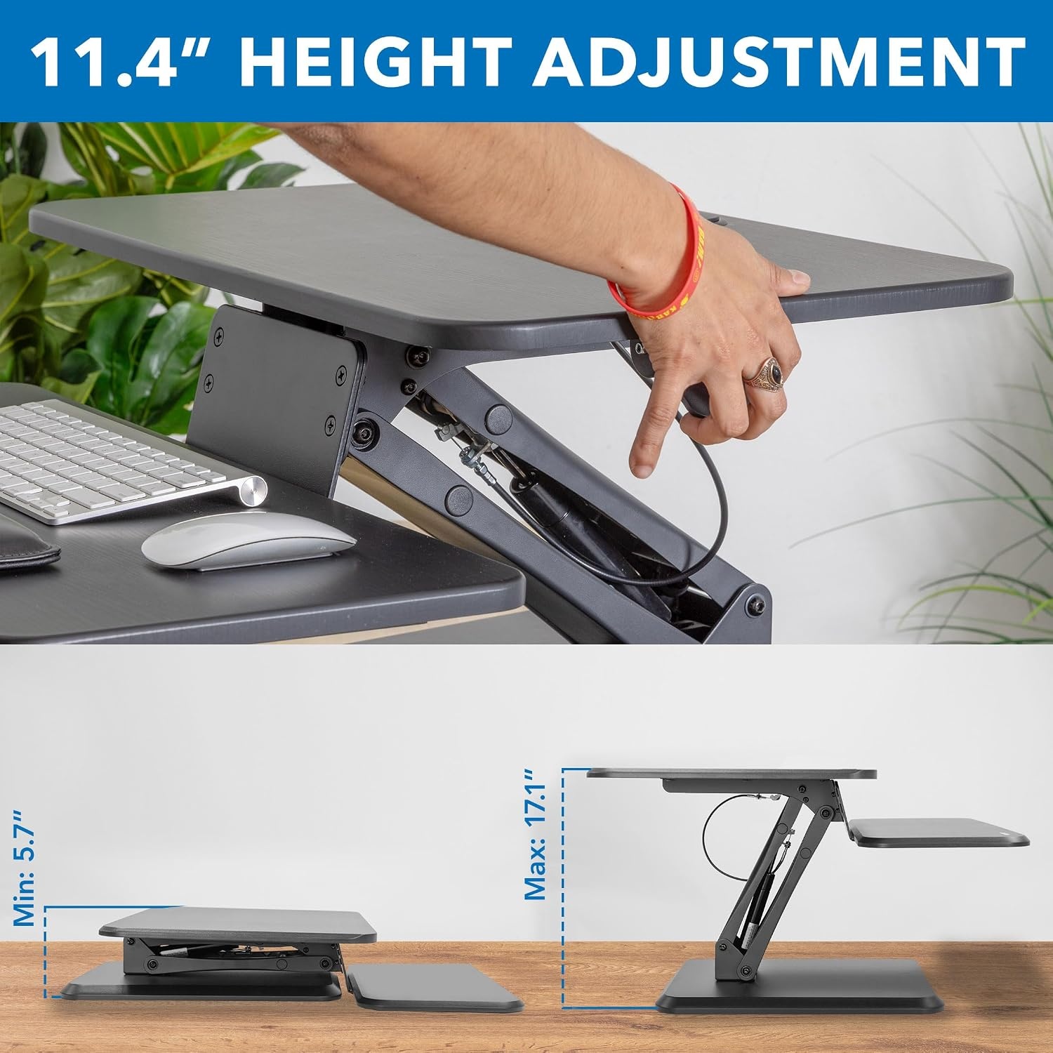 image:imageMountIt Compact Standing Desk Riser Height Adjustable Desktop Sit Stand Workstation with Gas Spring Tabletop Stand Up Desk with Keyboard Tray Black