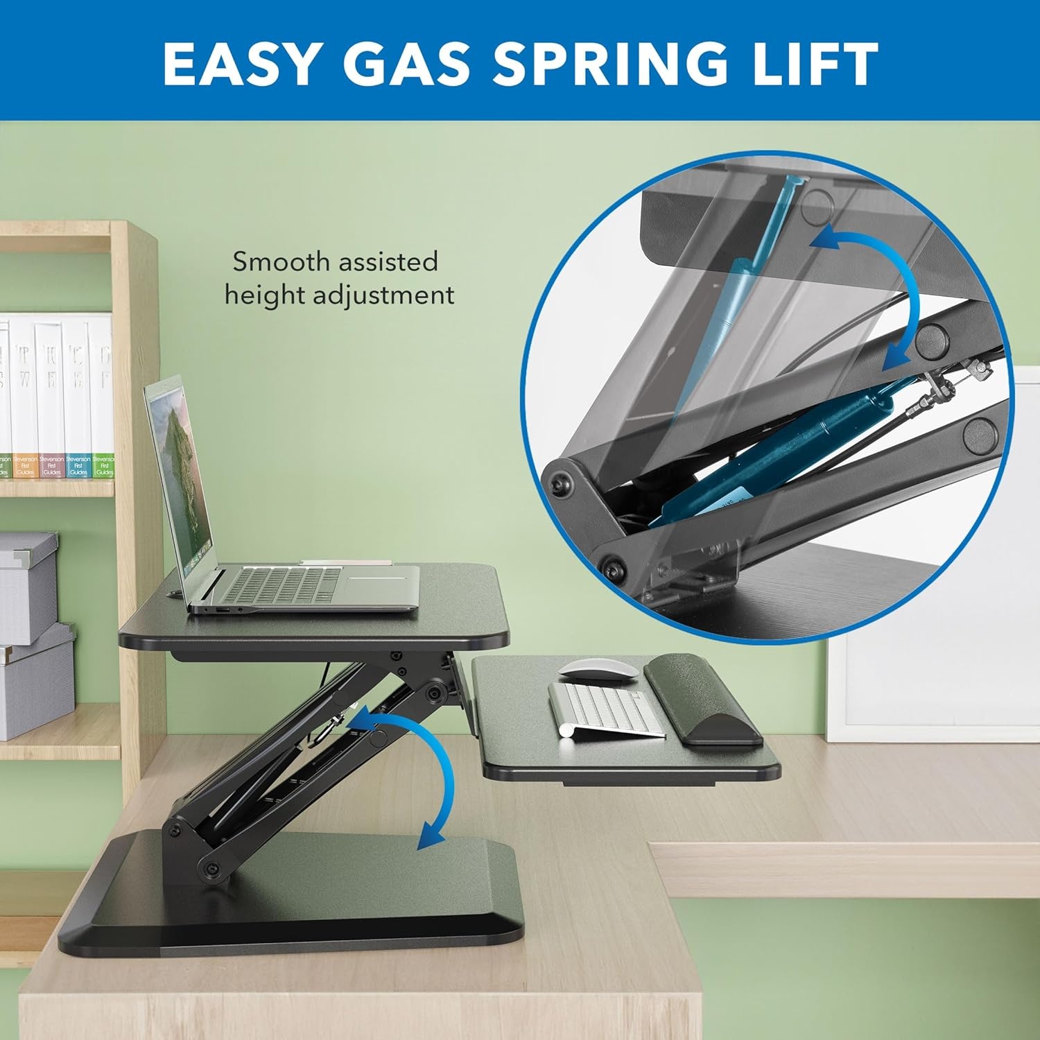 image:imageMountIt Compact Standing Desk Riser Height Adjustable Desktop Sit Stand Workstation with Gas Spring Tabletop Stand Up Desk with Keyboard Tray Black
