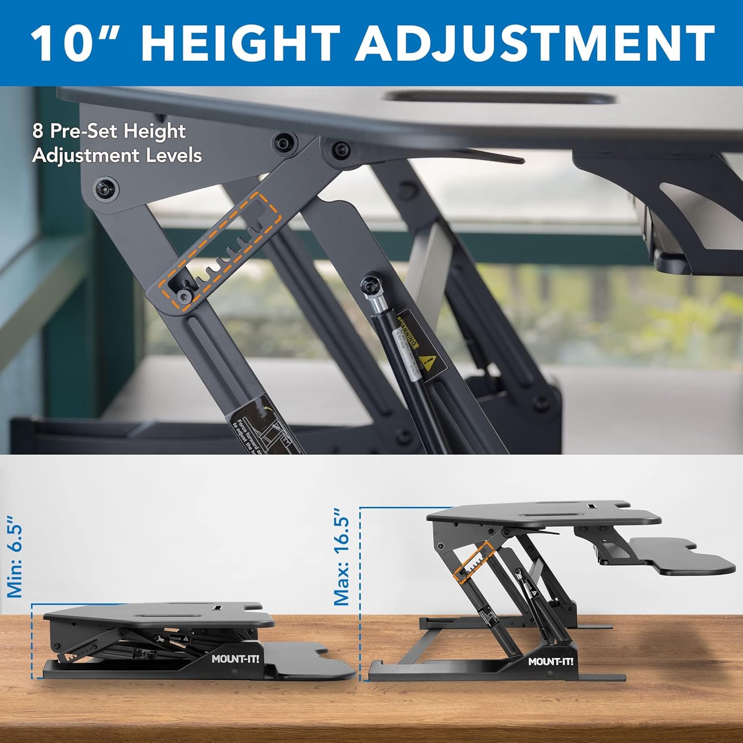 image:imageMountIt Corner Standing Desk Converter Height Adjustable 43 Wide Desktop Corner Stand Up Desk with Gas Spring Handle Stand Up Computer Workstation with Ergonomic Keyboard Tray Black