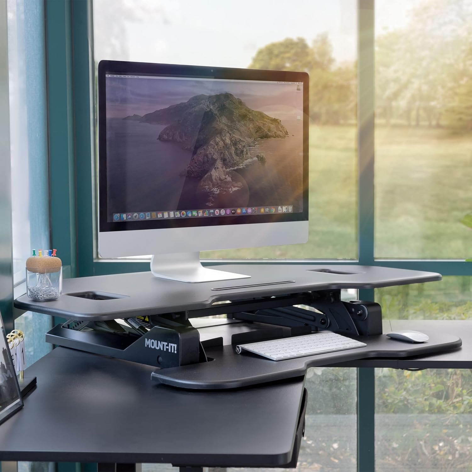image:imageMountIt Corner Standing Desk Converter Height Adjustable 43 Wide Desktop Corner Stand Up Desk with Gas Spring Handle Stand Up Computer Workstation with Ergonomic Keyboard Tray Black