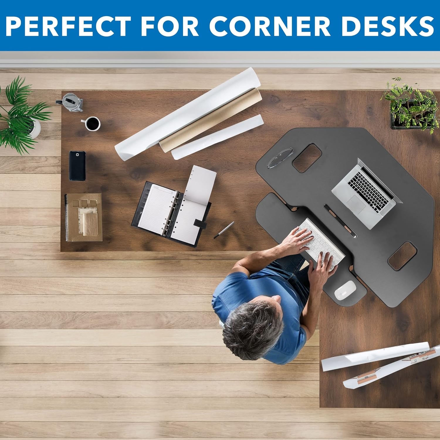 image:imageMountIt Corner Standing Desk Converter Height Adjustable 43 Wide Desktop Corner Stand Up Desk with Gas Spring Handle Stand Up Computer Workstation with Ergonomic Keyboard Tray Black