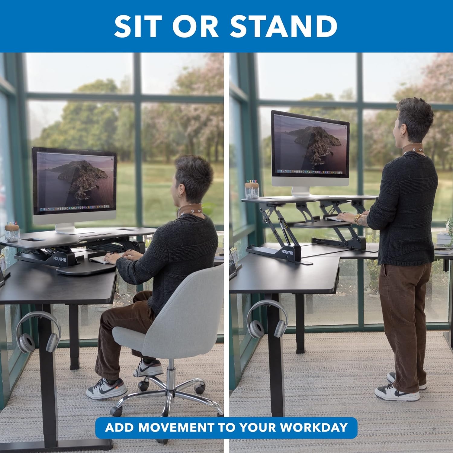 image:imageMountIt Corner Standing Desk Converter Height Adjustable 43 Wide Desktop Corner Stand Up Desk with Gas Spring Handle Stand Up Computer Workstation with Ergonomic Keyboard Tray Black