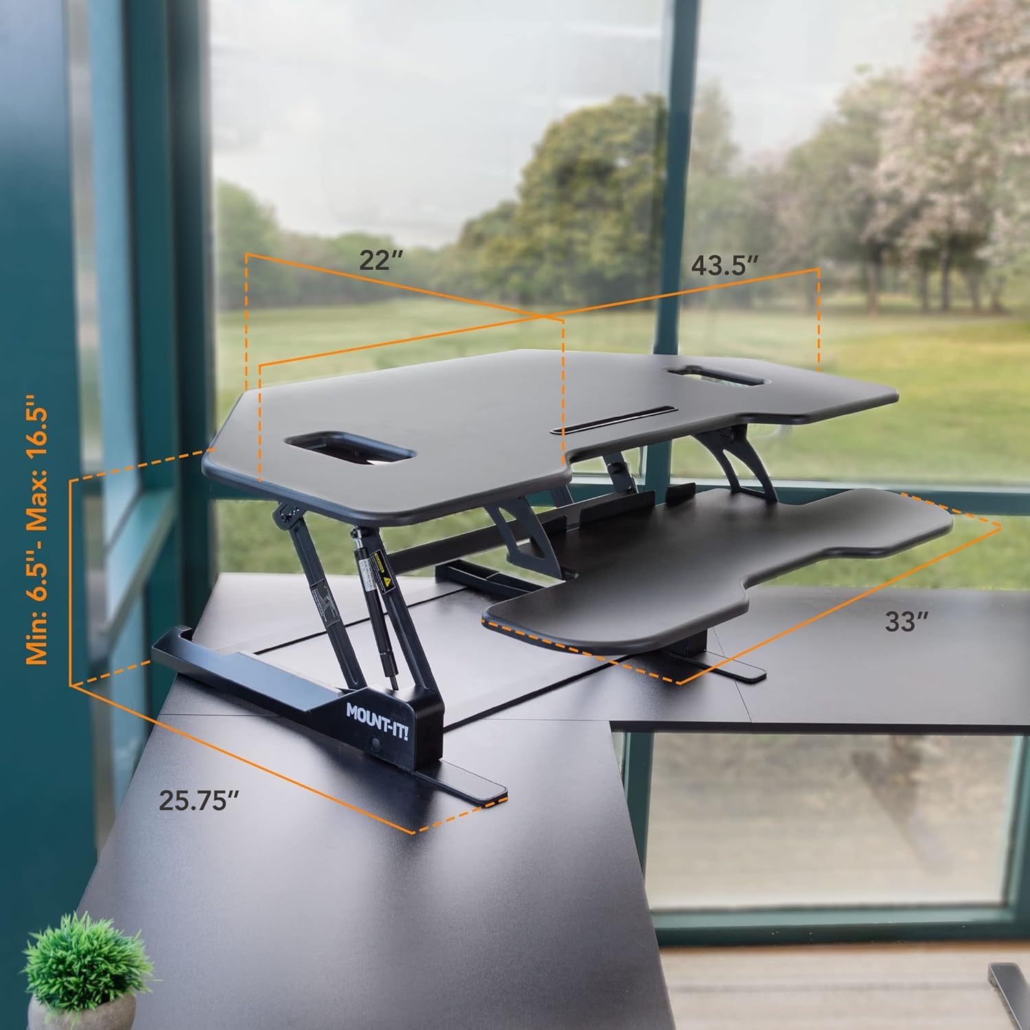 image:imageMountIt Corner Standing Desk Converter Height Adjustable 43 Wide Desktop Corner Stand Up Desk with Gas Spring Handle Stand Up Computer Workstation with Ergonomic Keyboard Tray Black