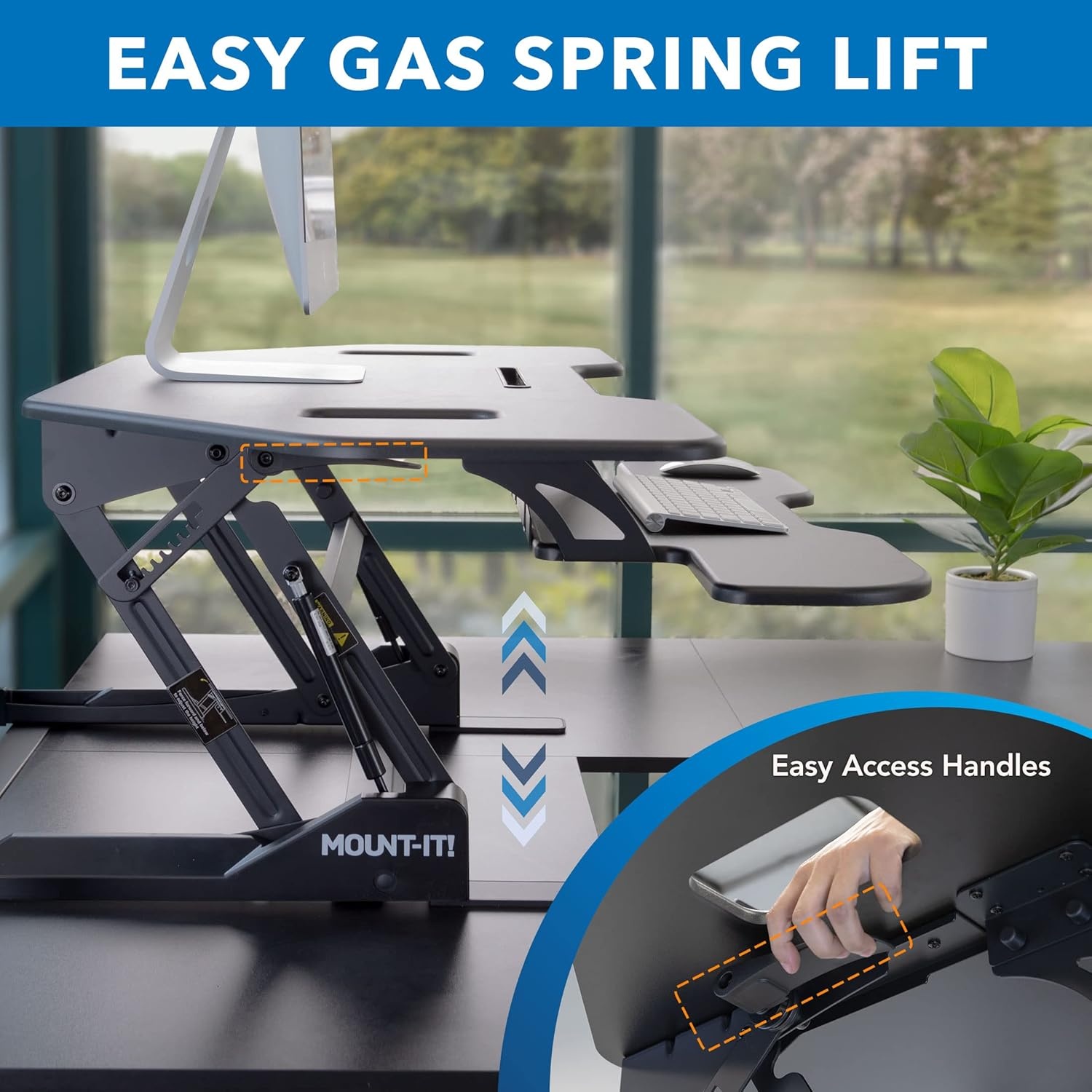 image:imageMountIt Corner Standing Desk Converter Height Adjustable 43 Wide Desktop Corner Stand Up Desk with Gas Spring Handle Stand Up Computer Workstation with Ergonomic Keyboard Tray Black