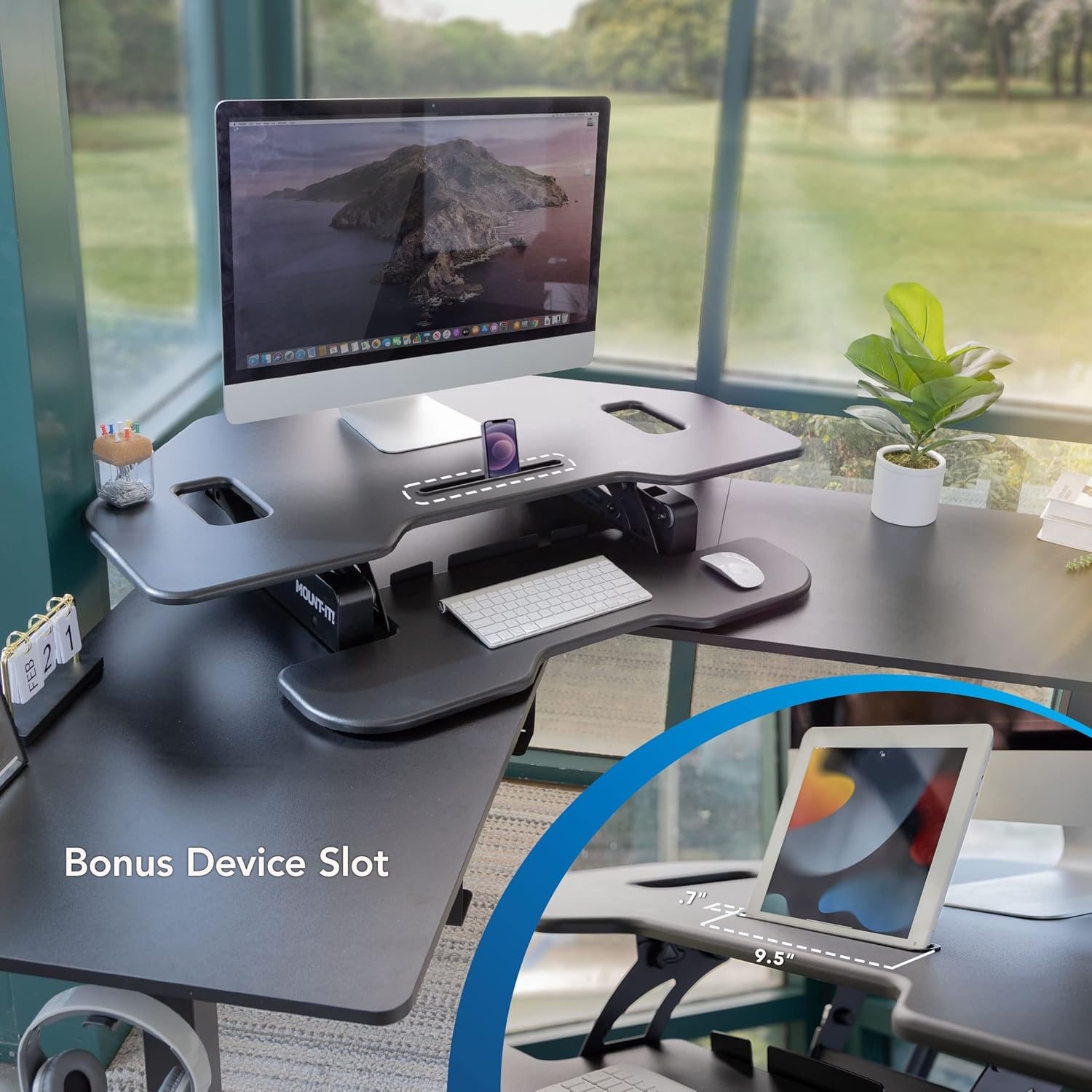 image:imageMountIt Corner Standing Desk Converter Height Adjustable 43 Wide Desktop Corner Stand Up Desk with Gas Spring Handle Stand Up Computer Workstation with Ergonomic Keyboard Tray Black