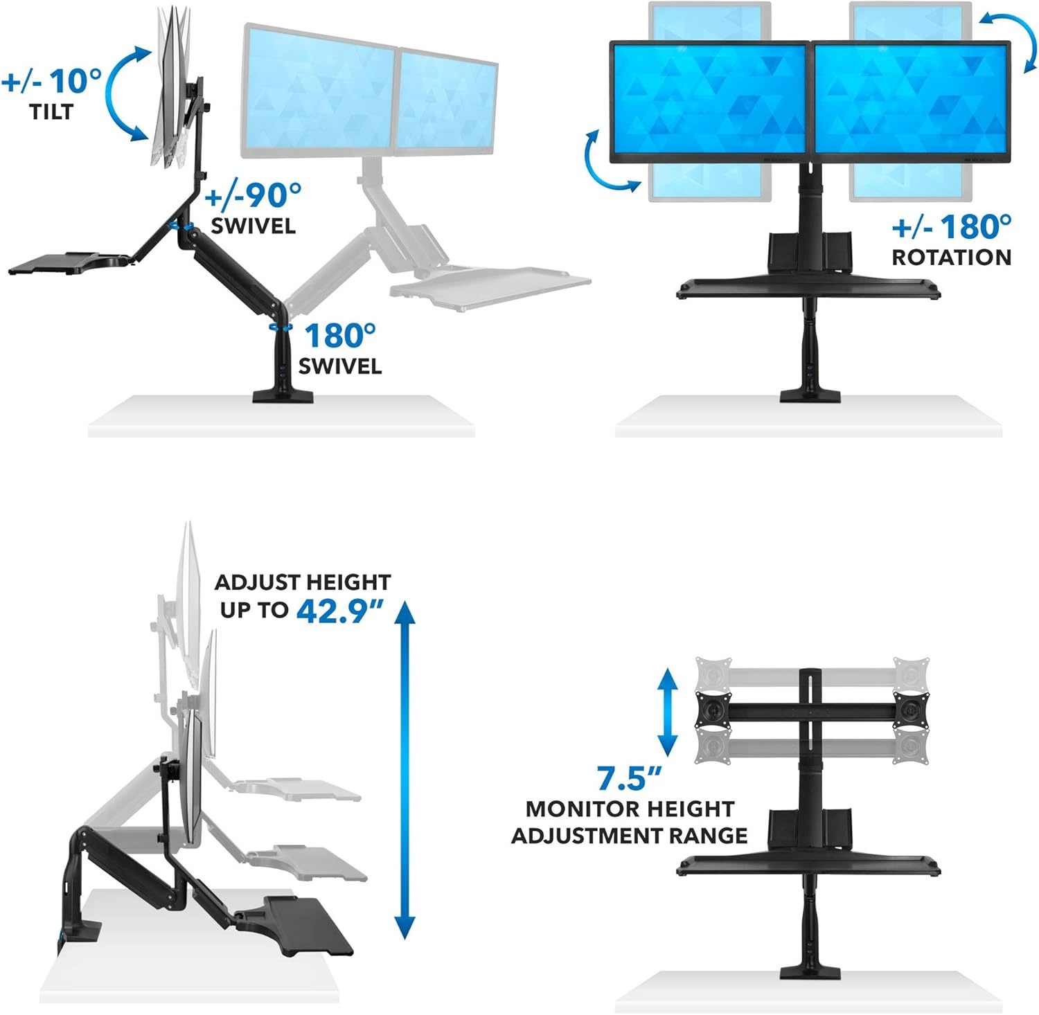 image:imageMountIt Dual Monitor Arm Desk Mount SitStand Workstation with 2 USB 30 Ports Height Adjustable 231429 Fits Two 1727 Screens 132 lbs Each VESA 75x75 100x100 Clamp or Grommet