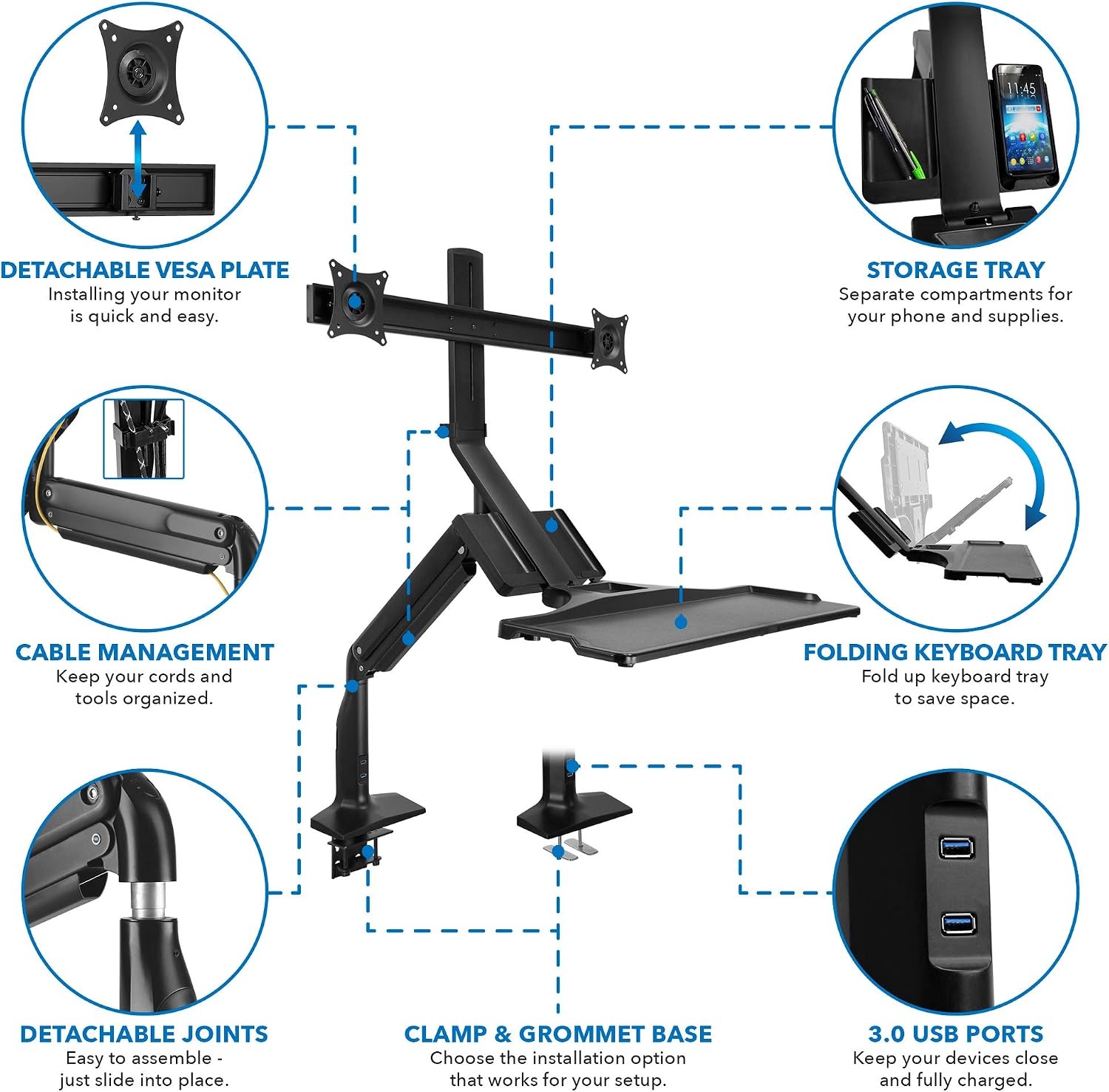 image:imageMountIt Dual Monitor Arm Desk Mount SitStand Workstation with 2 USB 30 Ports Height Adjustable 231429 Fits Two 1727 Screens 132 lbs Each VESA 75x75 100x100 Clamp or Grommet