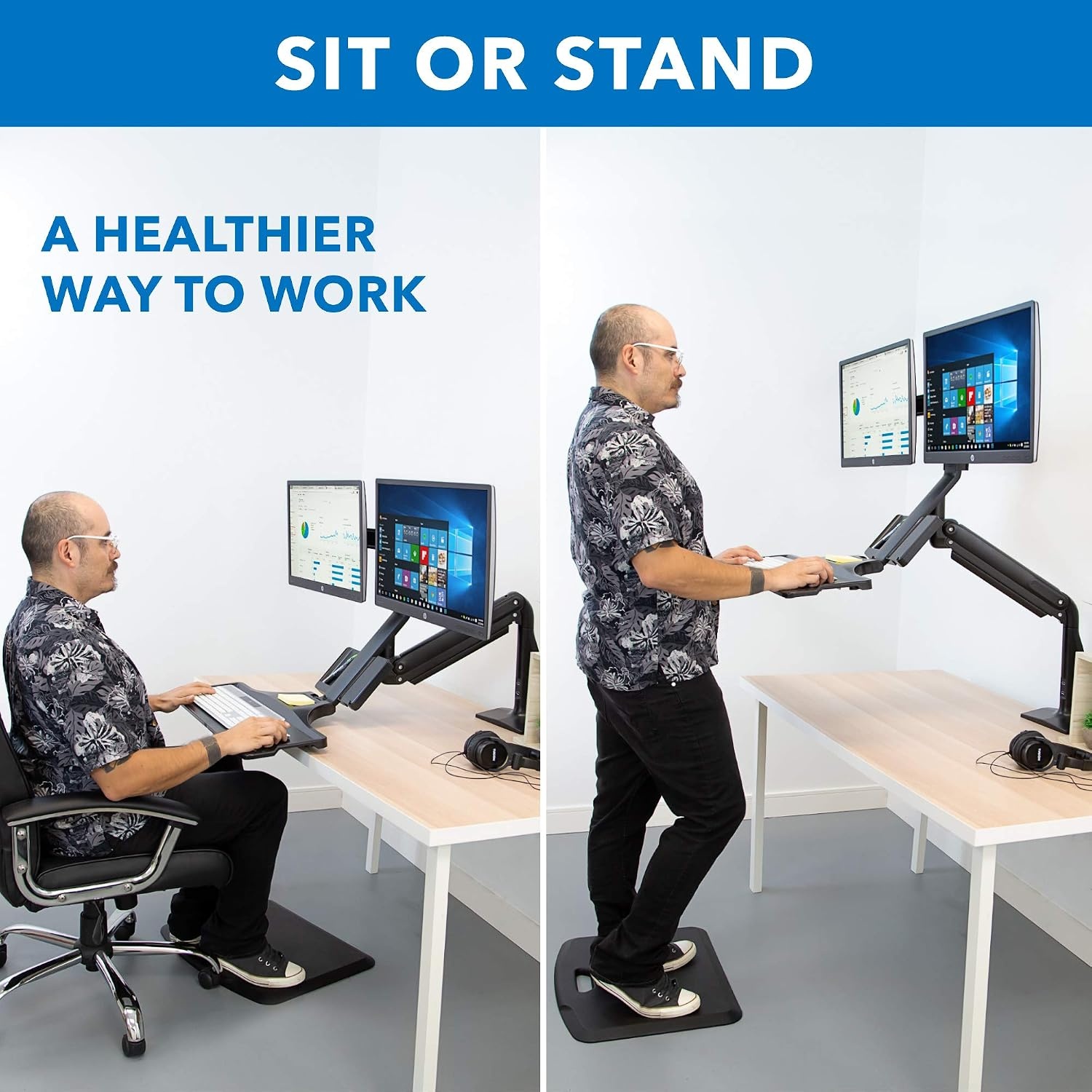 image:imageMountIt Dual Monitor Arm Desk Mount SitStand Workstation with 2 USB 30 Ports Height Adjustable 231429 Fits Two 1727 Screens 132 lbs Each VESA 75x75 100x100 Clamp or Grommet