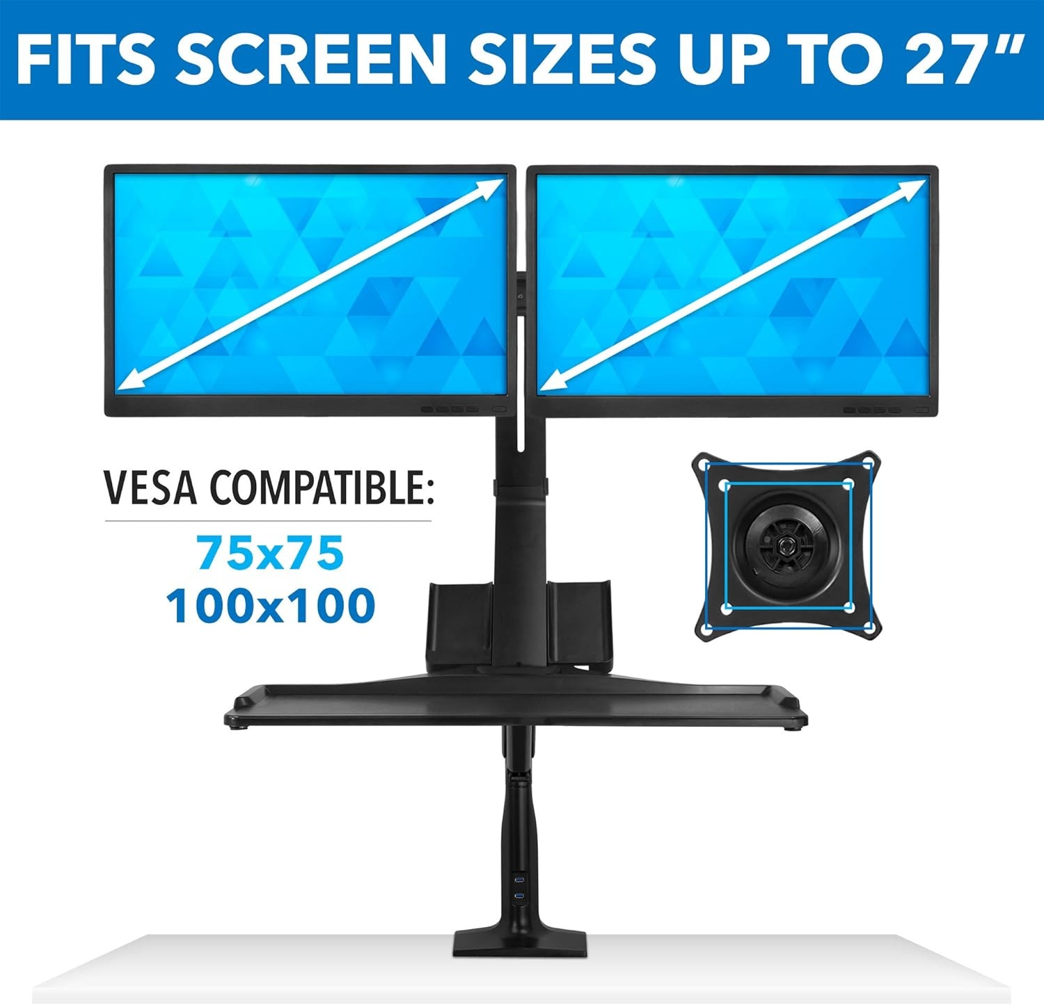 image:imageMountIt Dual Monitor Arm Desk Mount SitStand Workstation with 2 USB 30 Ports Height Adjustable 231429 Fits Two 1727 Screens 132 lbs Each VESA 75x75 100x100 Clamp or Grommet
