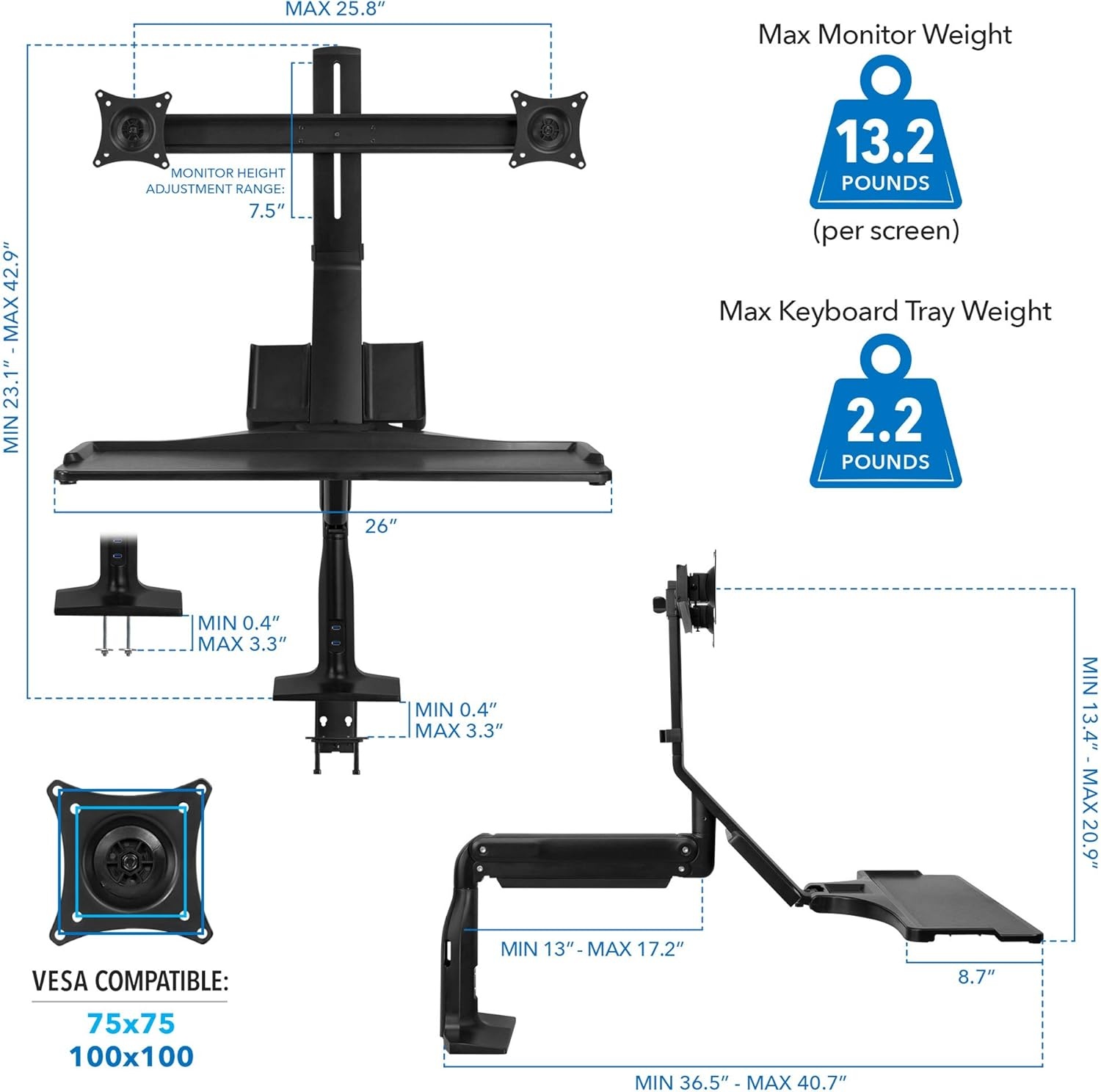 image:imageMountIt Dual Monitor Arm Desk Mount SitStand Workstation with 2 USB 30 Ports Height Adjustable 231429 Fits Two 1727 Screens 132 lbs Each VESA 75x75 100x100 Clamp or Grommet