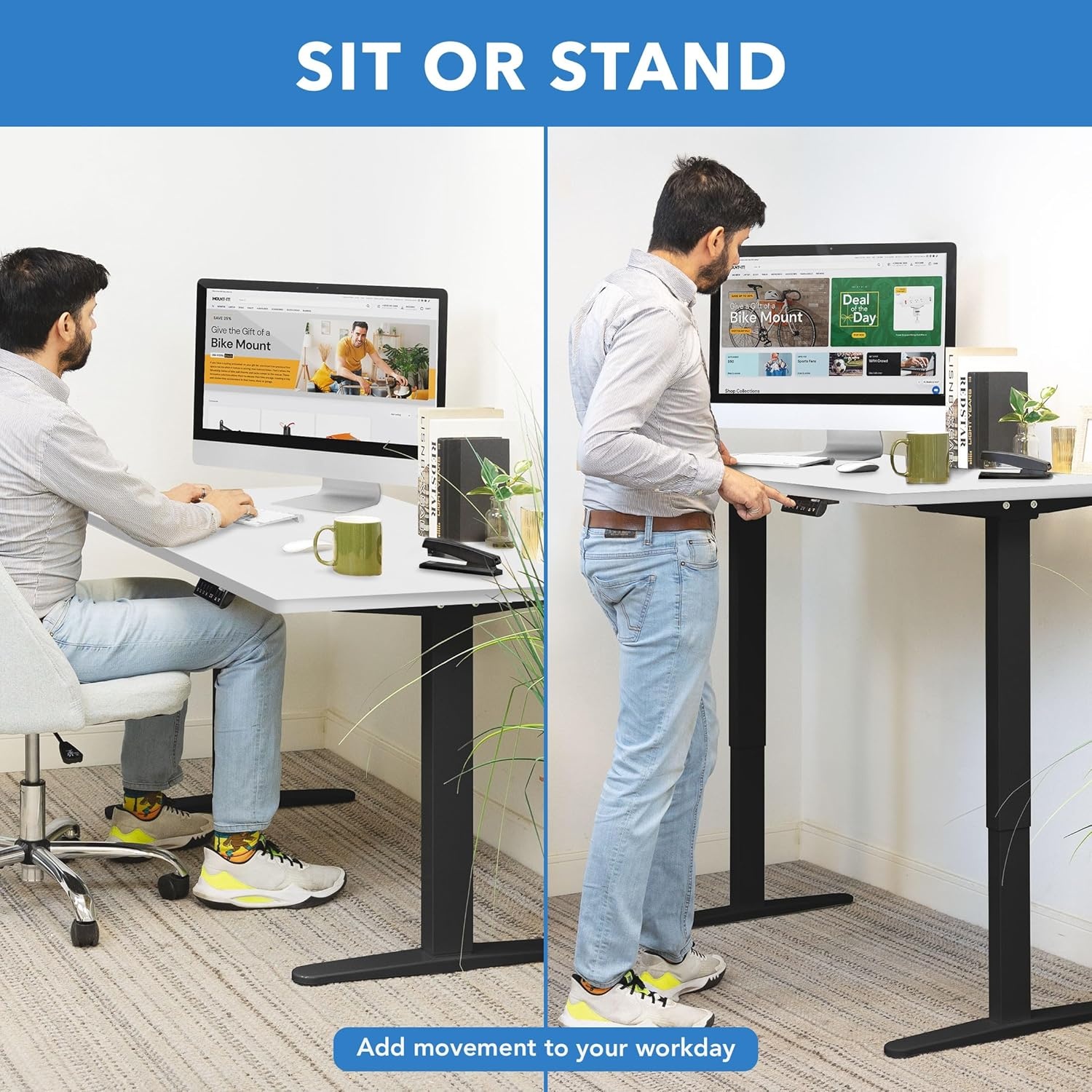 image:imageMountIt Dual Motor Electric Standing Desk with 48 Tabletop White Tabletop Black Frame