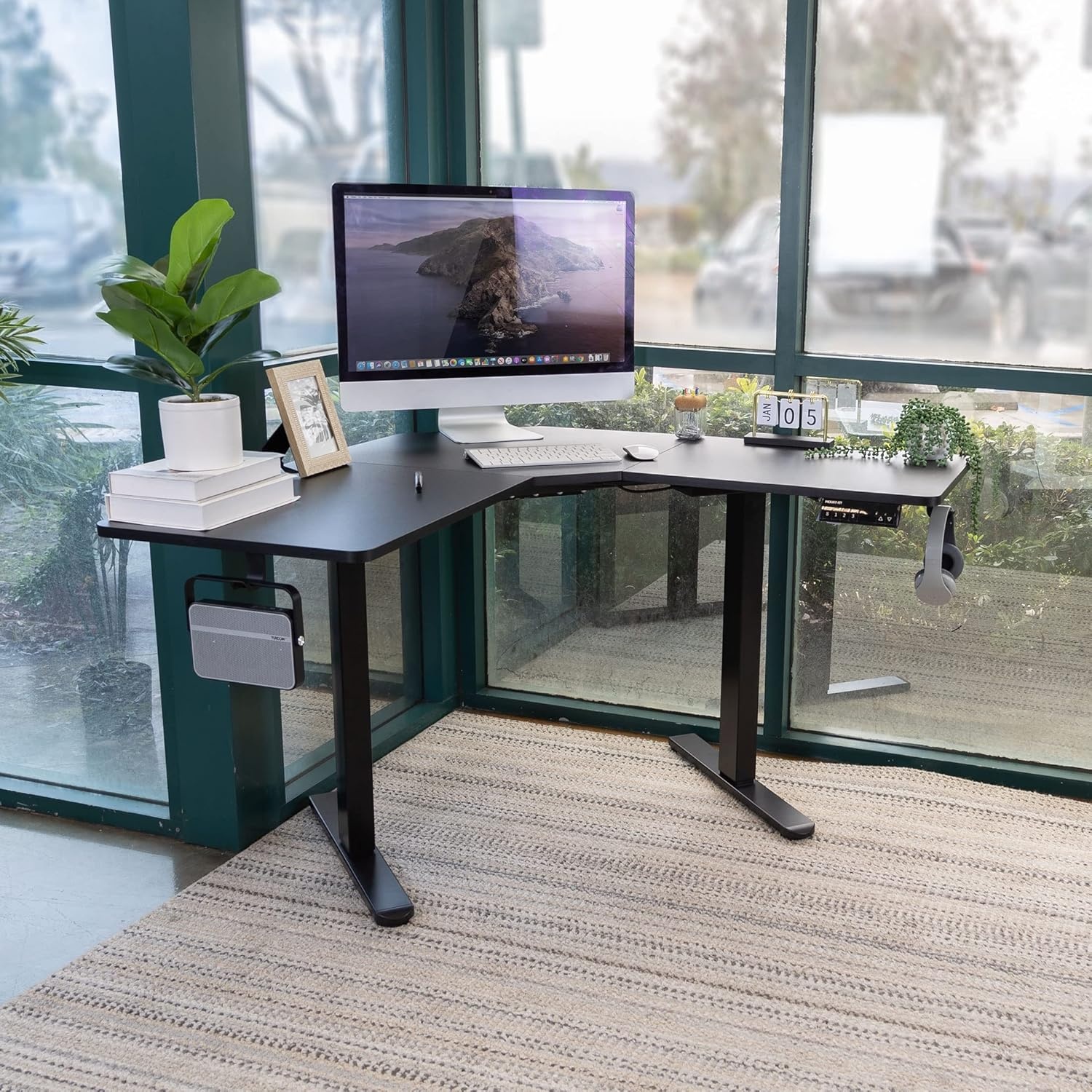 image:imageMountIt Electric LShaped Standing Desk Dual Motor Height Adjustable Corner SitStand Workstation for Small Spaces Digital LED Control Panel with 3 Memory Presets 176 lb Capacity Black