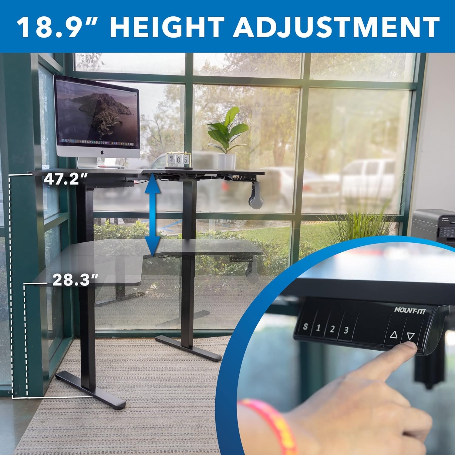 image:imageMountIt Electric LShaped Standing Desk Dual Motor Height Adjustable Corner SitStand Workstation for Small Spaces Digital LED Control Panel with 3 Memory Presets 176 lb Capacity Black