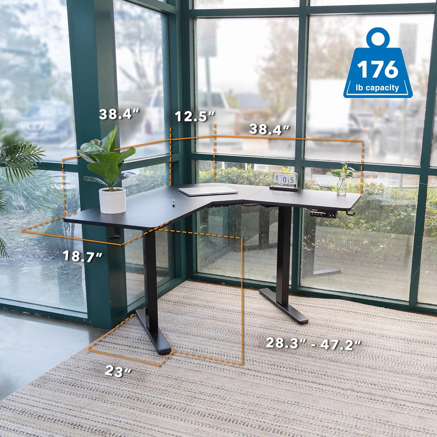 image:imageMountIt Electric LShaped Standing Desk Dual Motor Height Adjustable Corner SitStand Workstation for Small Spaces Digital LED Control Panel with 3 Memory Presets 176 lb Capacity Black