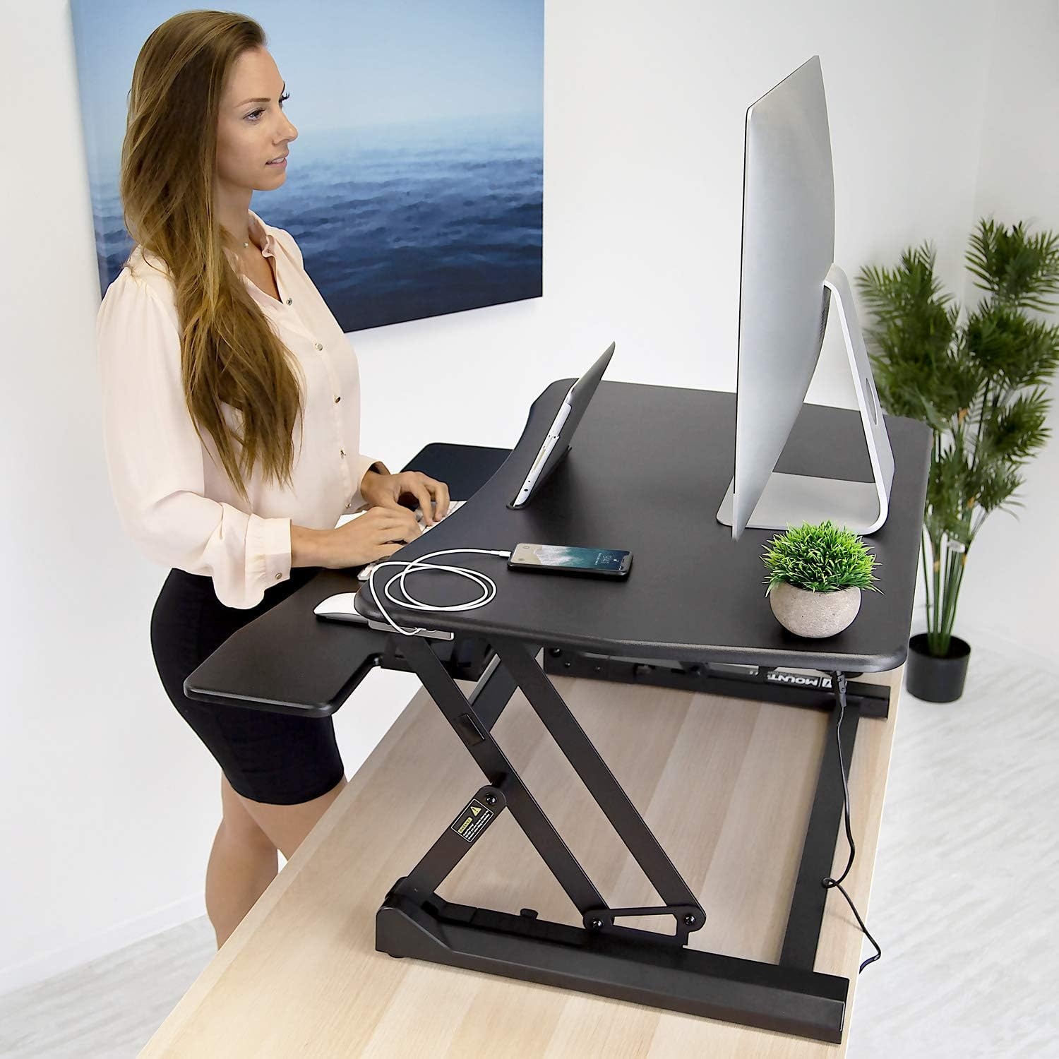 image:imageMountIt Electric Standing Desk Converter 354 Quick Sit Stand Desk Riser Computer Workstation Motorized Easy Convertor with Builtin USB Charging Port Ergonomic Height Adjustable in Black36 Width