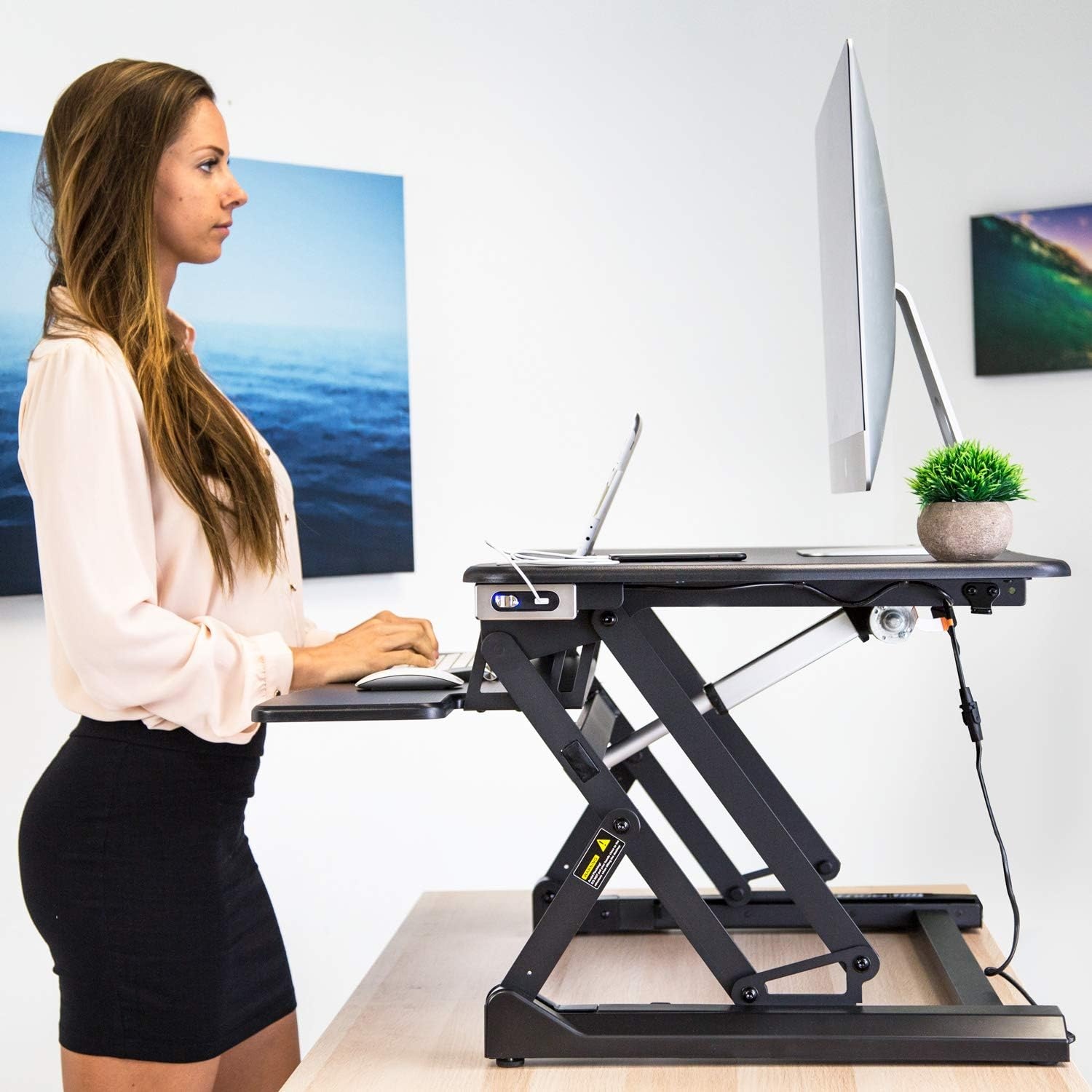 image:imageMountIt Electric Standing Desk Converter 354 Quick Sit Stand Desk Riser Computer Workstation Motorized Easy Convertor with Builtin USB Charging Port Ergonomic Height Adjustable in Black36 Width