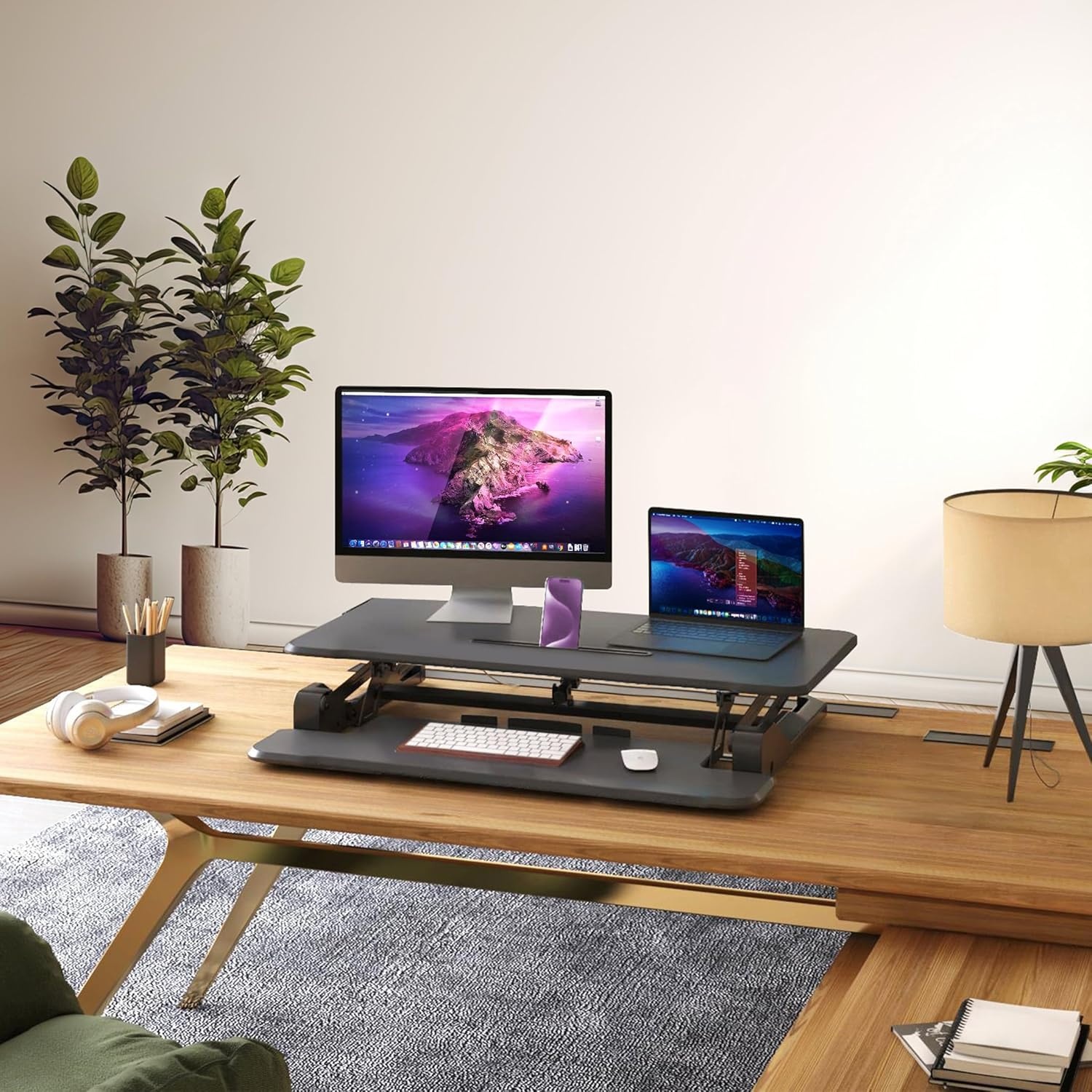image:imageMountIt Electric Standing Desk Converter 354 Quick Sit Stand Desk Riser Computer Workstation Motorized Easy Convertor with Builtin USB Charging Port Ergonomic Height Adjustable in Black36 Width