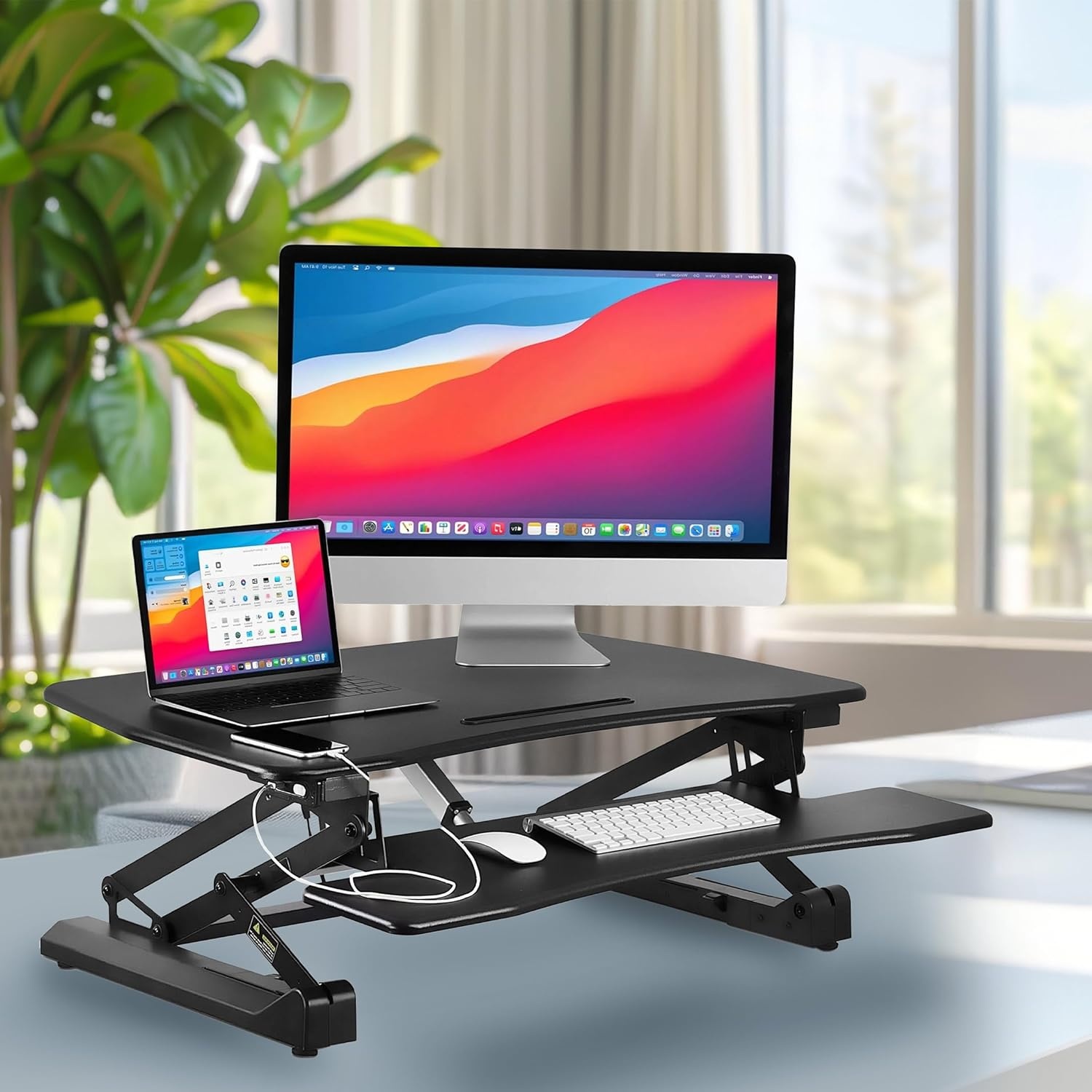 image:imageMountIt Electric Standing Desk Converter 354 Quick Sit Stand Desk Riser Computer Workstation Motorized Easy Convertor with Builtin USB Charging Port Ergonomic Height Adjustable in Black36 Width