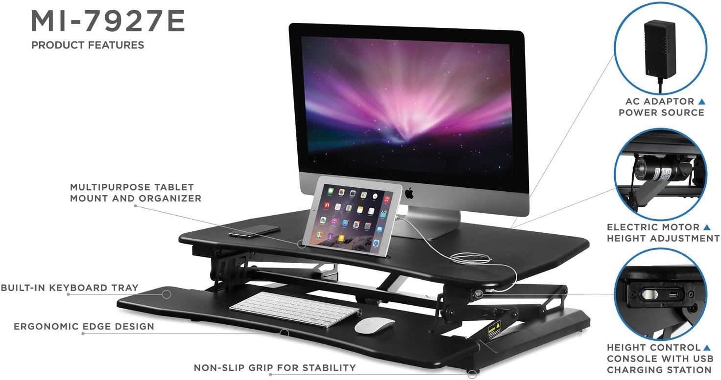 image:imageMountIt Electric Standing Desk Converter 354 Quick Sit Stand Desk Riser Computer Workstation Motorized Easy Convertor with Builtin USB Charging Port Ergonomic Height Adjustable in Black36 Width
