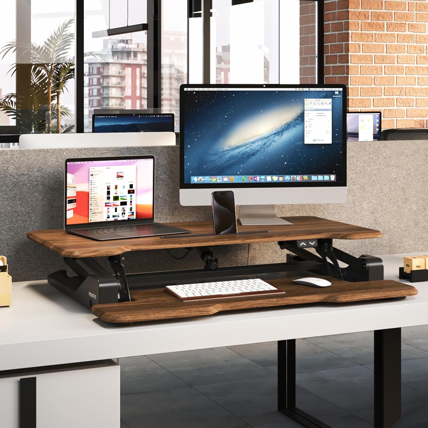 image:imageMountIt Electric Standing Desk Converter with 38 Tabletop Height Adjustable Sit Stand Desk Riser Motorized Desk Riser with Keyboard Tray and Device Slot Fits Monitor amp Laptop BlackDark Walnut
