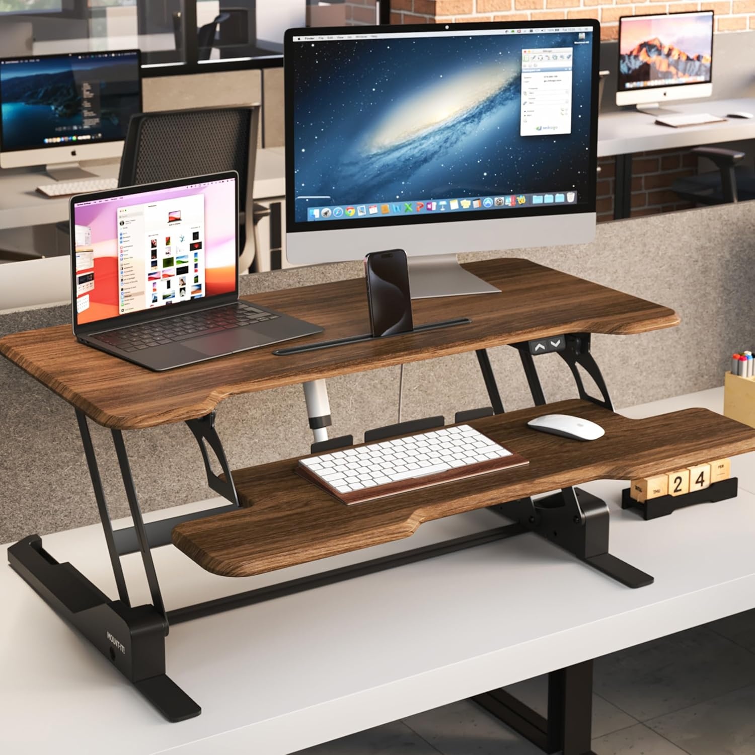 image:imageMountIt Electric Standing Desk Converter with 38 Tabletop Height Adjustable Sit Stand Desk Riser Motorized Desk Riser with Keyboard Tray and Device Slot Fits Monitor amp Laptop BlackDark Walnut