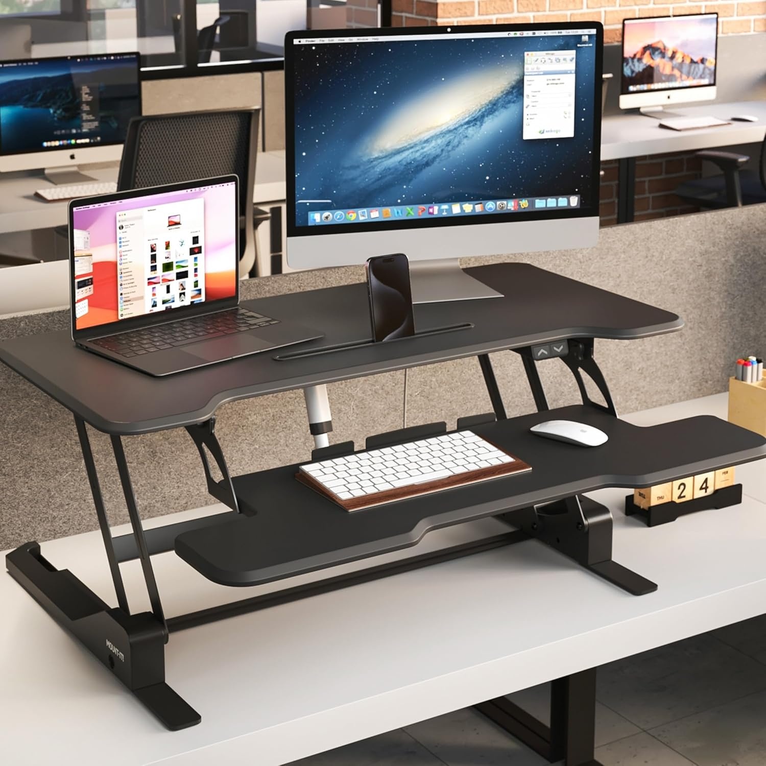 image:imageMountIt Electric Standing Desk Converter with 38 Tabletop Height Adjustable Sit Stand Desk Riser Motorized Desk Riser with Keyboard Tray and Device Slot Fits Monitor amp Laptop BlackBlack