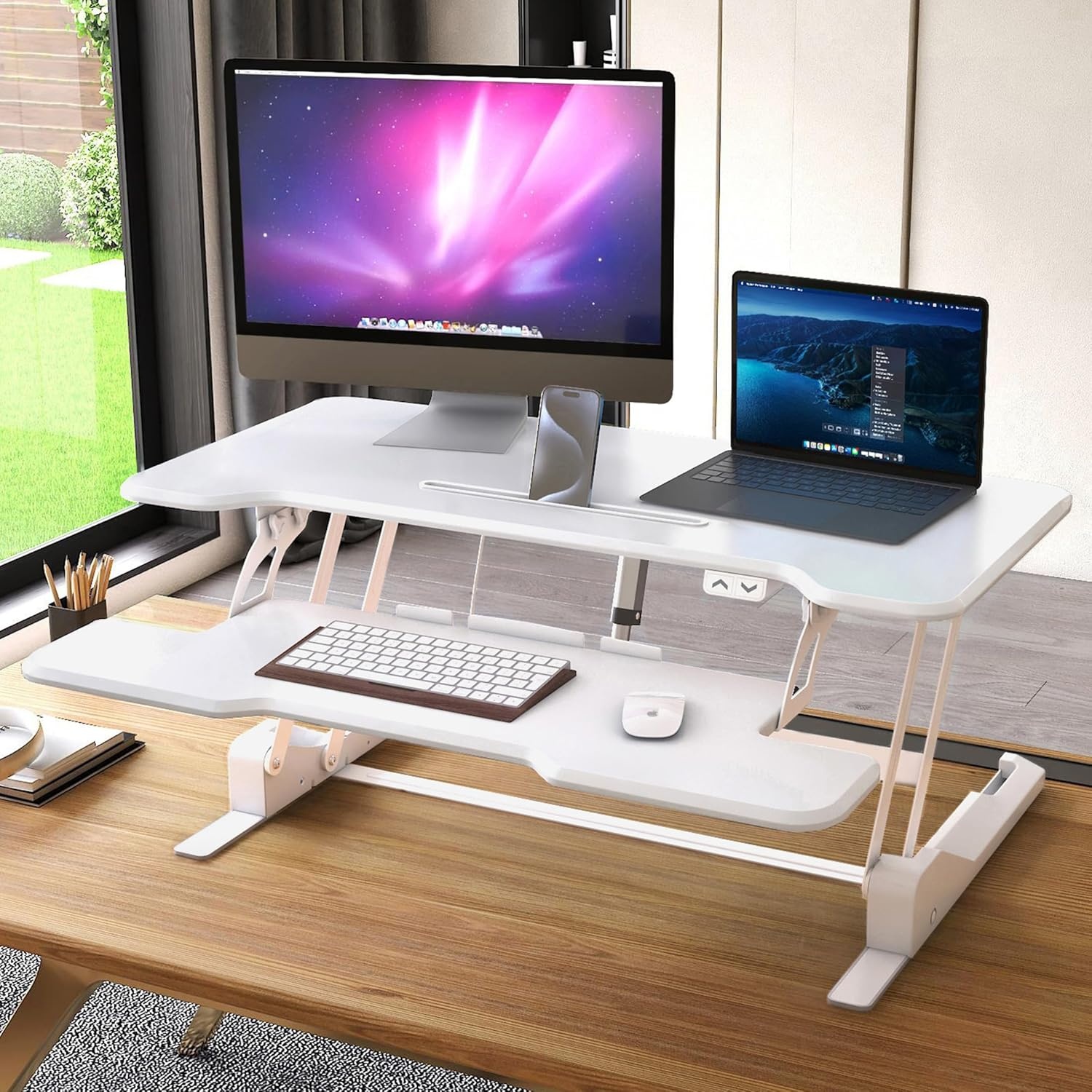 image:imageMountIt Electric Standing Desk Converter with 38 Tabletop Height Adjustable Sit Stand Desk Riser Motorized Desk Riser with Keyboard Tray and Device Slot Fits Monitor amp Laptop BlackWhite