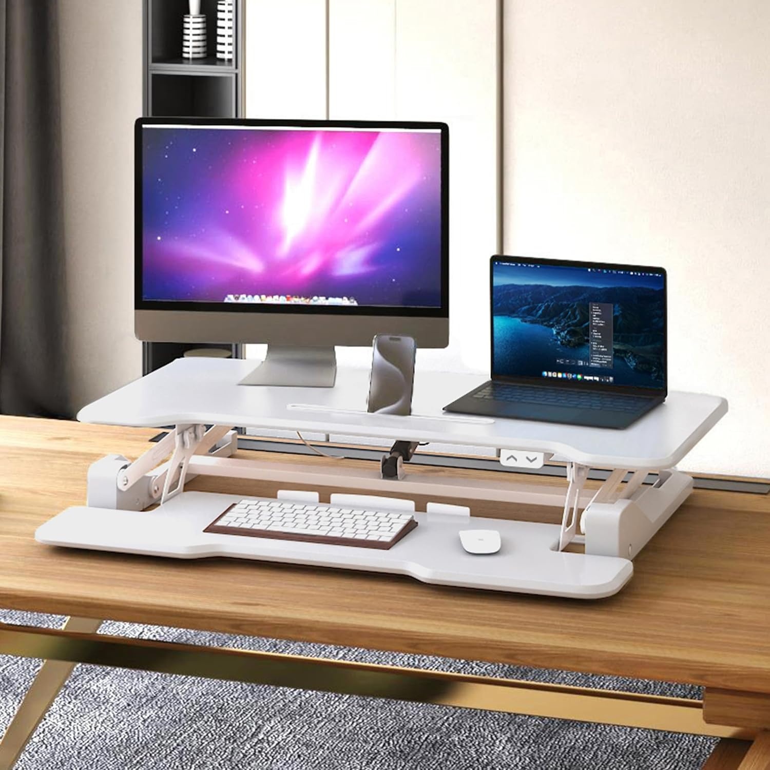 image:imageMountIt Electric Standing Desk Converter with 38 Tabletop Height Adjustable Sit Stand Desk Riser Motorized Desk Riser with Keyboard Tray and Device Slot Fits Monitor amp Laptop BlackWhite