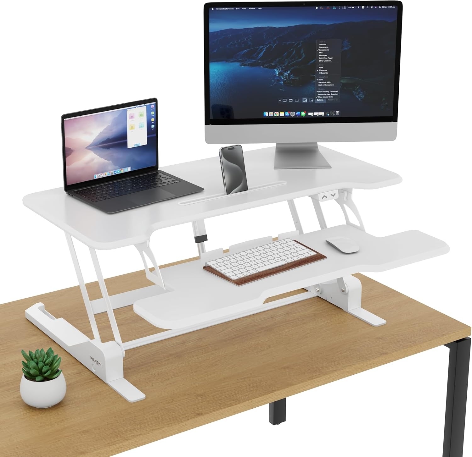 image:imageMountIt Electric Standing Desk Converter with 38 Tabletop Height Adjustable Sit Stand Desk Riser Motorized Desk Riser with Keyboard Tray and Device Slot Fits Monitor amp Laptop BlackWhite