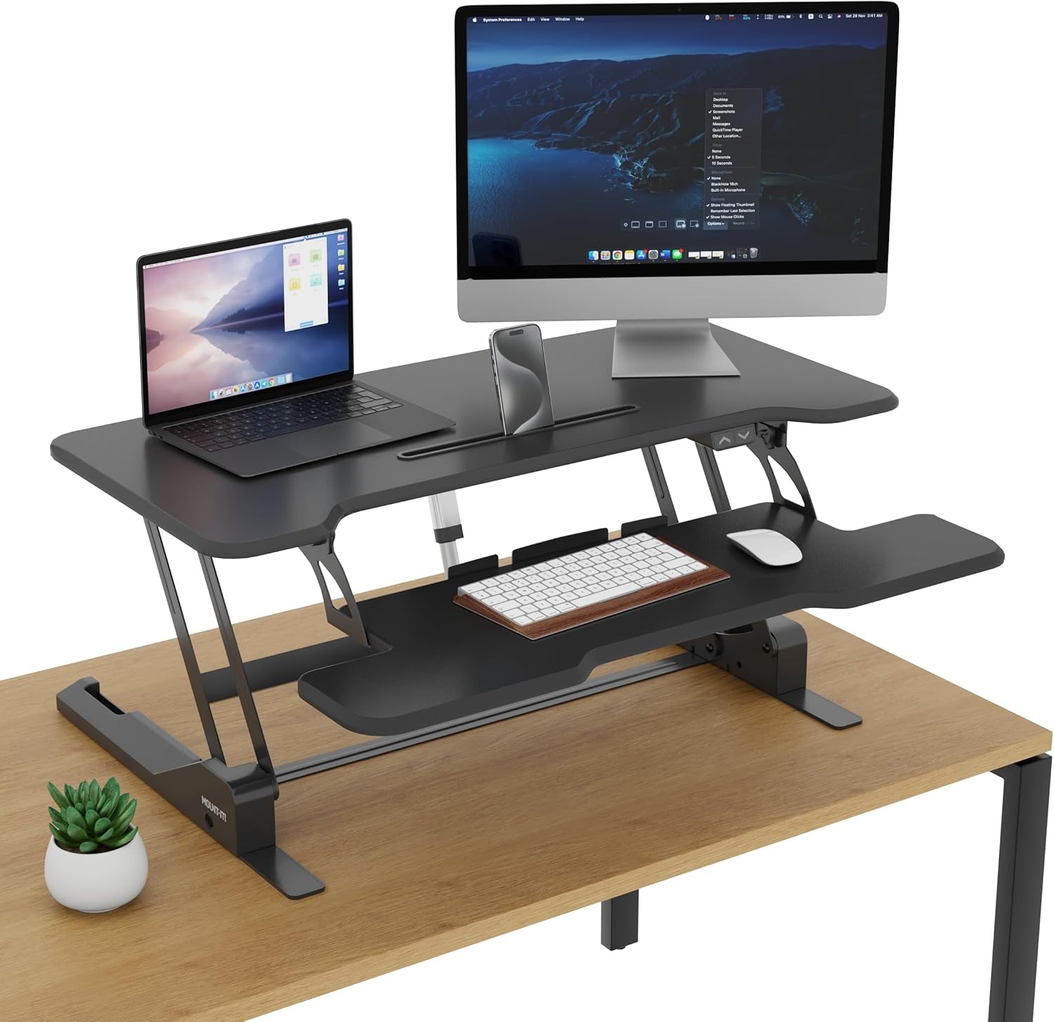 image:imageMountIt Electric Standing Desk Converter with 38 Tabletop Height Adjustable Sit Stand Desk Riser Motorized Desk Riser with Keyboard Tray and Device Slot Fits Monitor amp Laptop BlackBlack