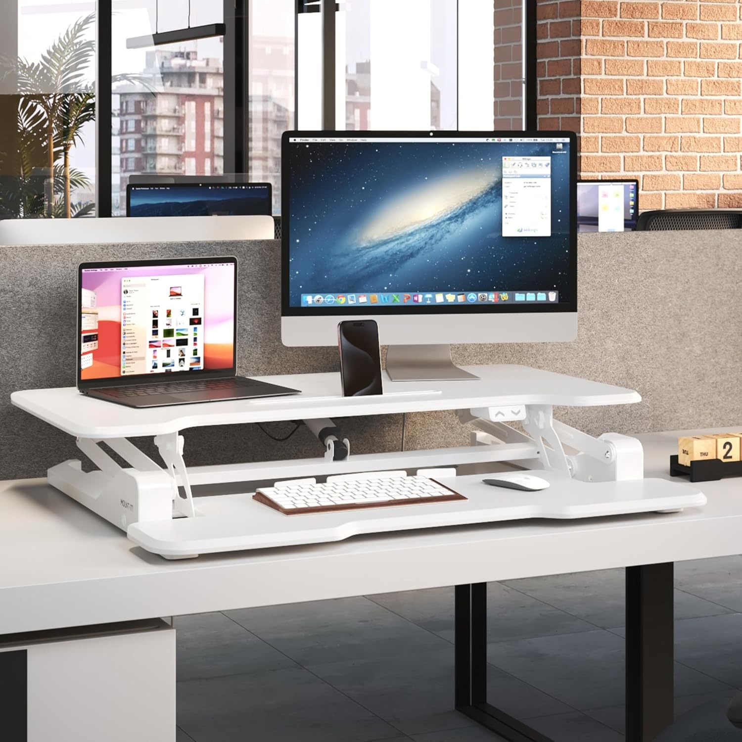 image:imageMountIt Electric Standing Desk Converter with 38 Tabletop Height Adjustable Sit Stand Desk Riser Motorized Desk Riser with Keyboard Tray and Device Slot Fits Monitor amp Laptop BlackWhite